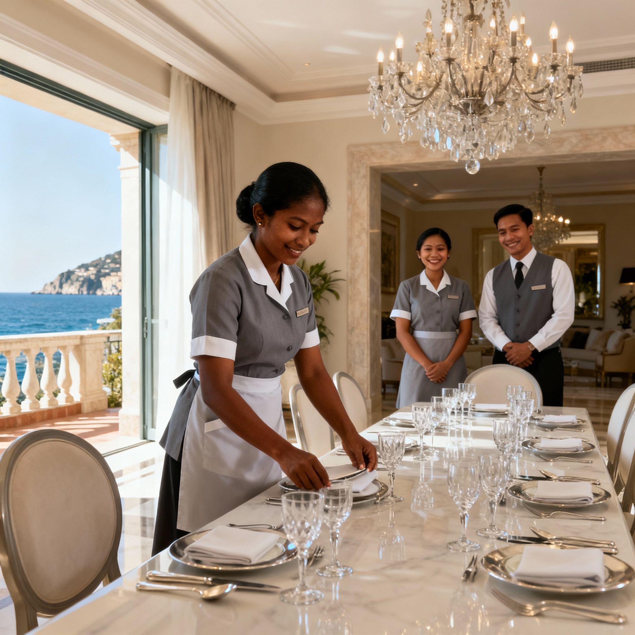 Servizio impeccabile dalla nostra agenzia colf filippine Genova: governante che prepara una sala da pranzo di lusso.