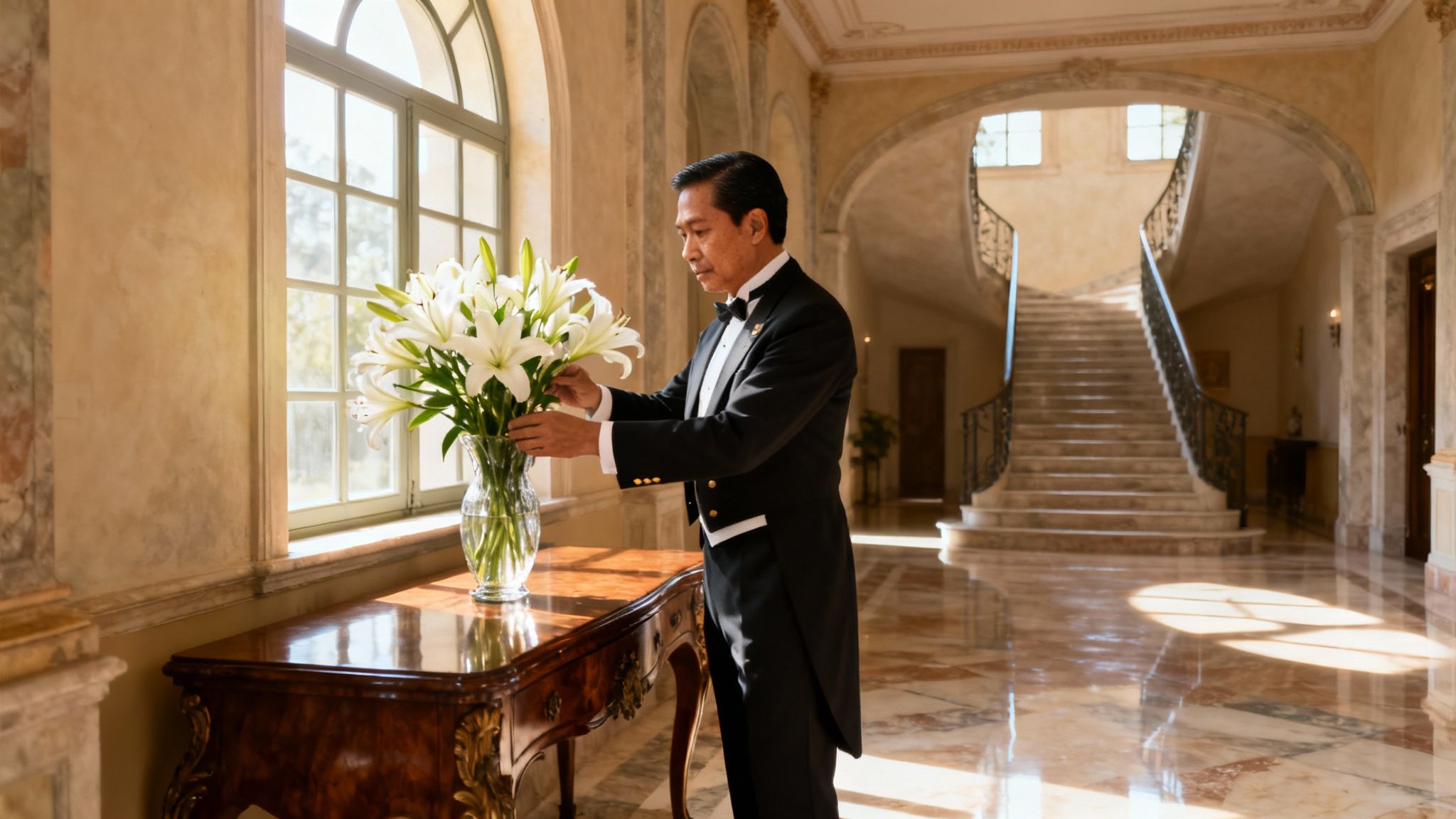 Agenzia colf filippine Rieti: maggiordomo filippino d'elite in villa di lusso. Servizio professionale e impeccabile.