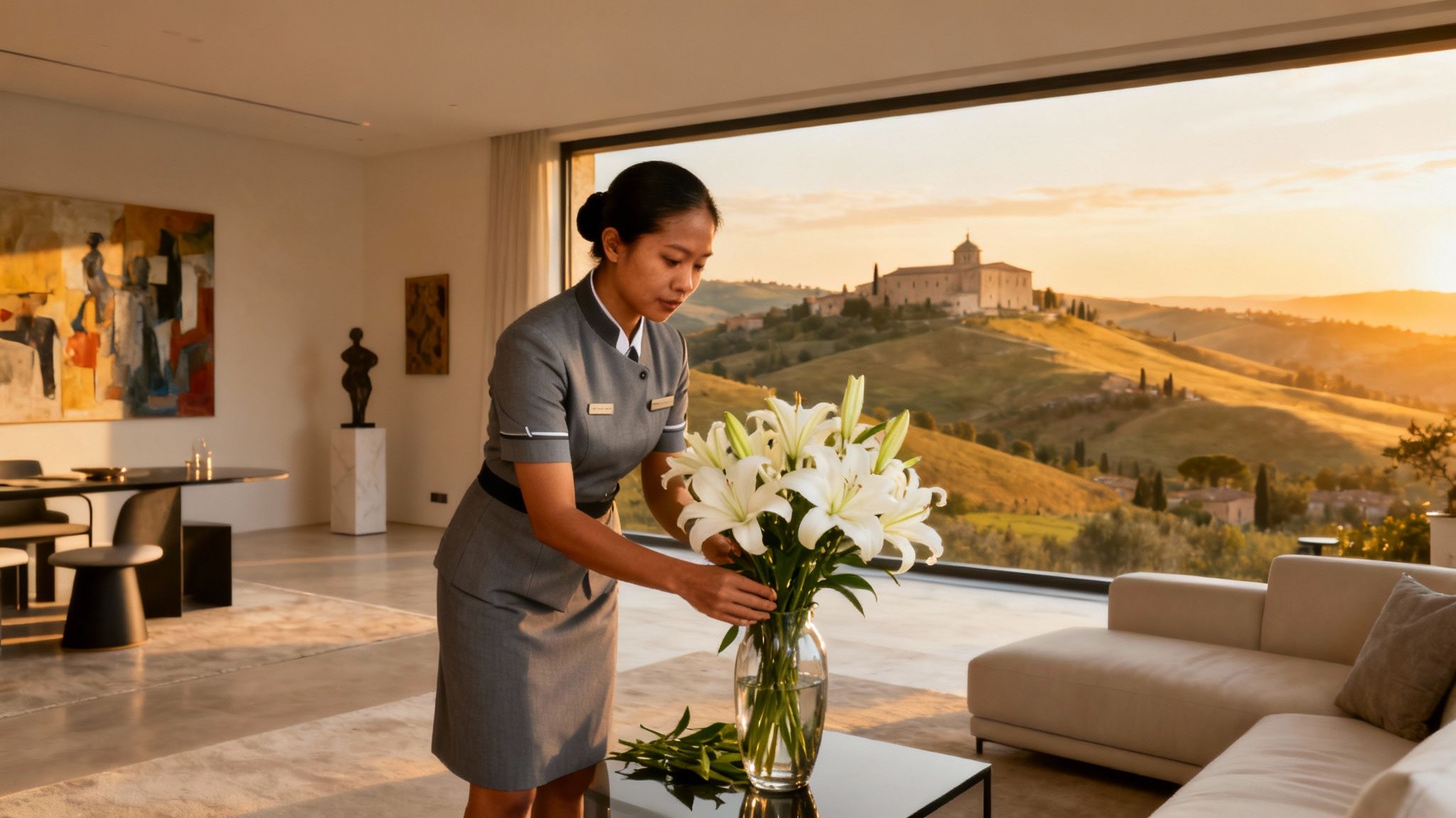 Agenzia colf filippine Urbino - domestico d'elite in un salone di lusso con vista sulle colline.