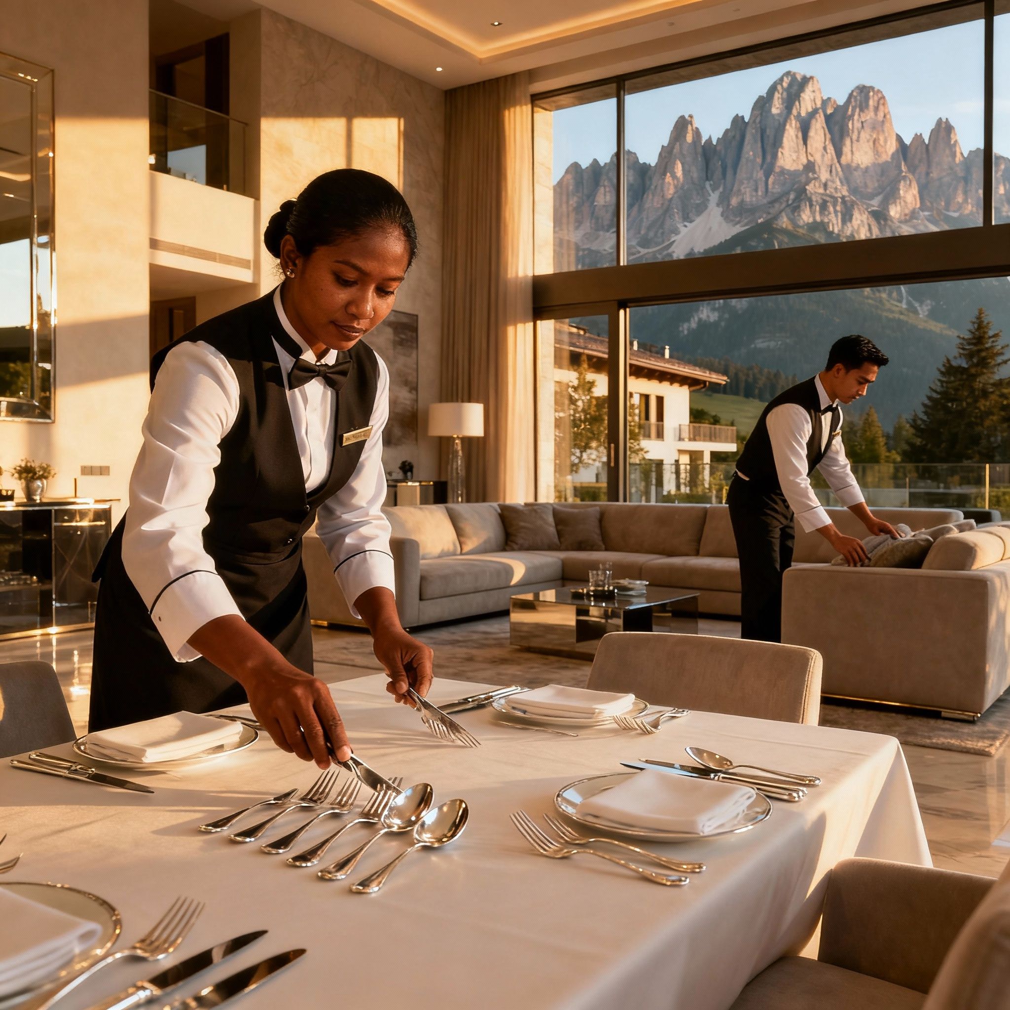 Agenzia domestici Bolzano: governante esperta prepara una tavola elegante in un appartamento signorile.