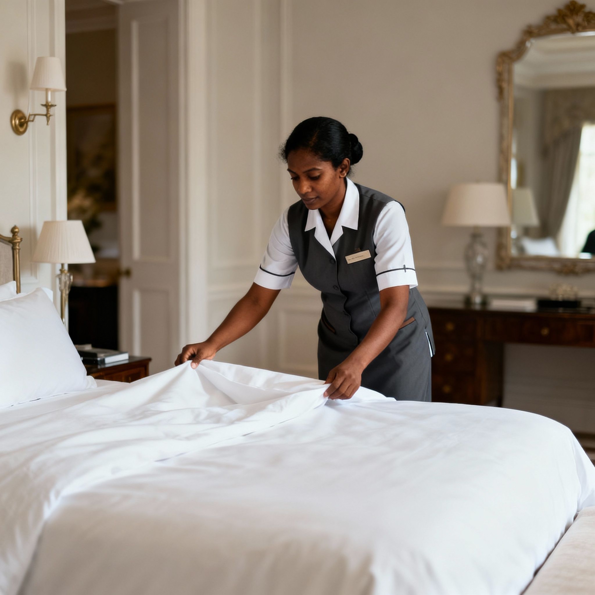Servizio impeccabile della nostra Agenzia domestici Mantova: governante dello Sri Lanka prepara una camera da letto signorile.