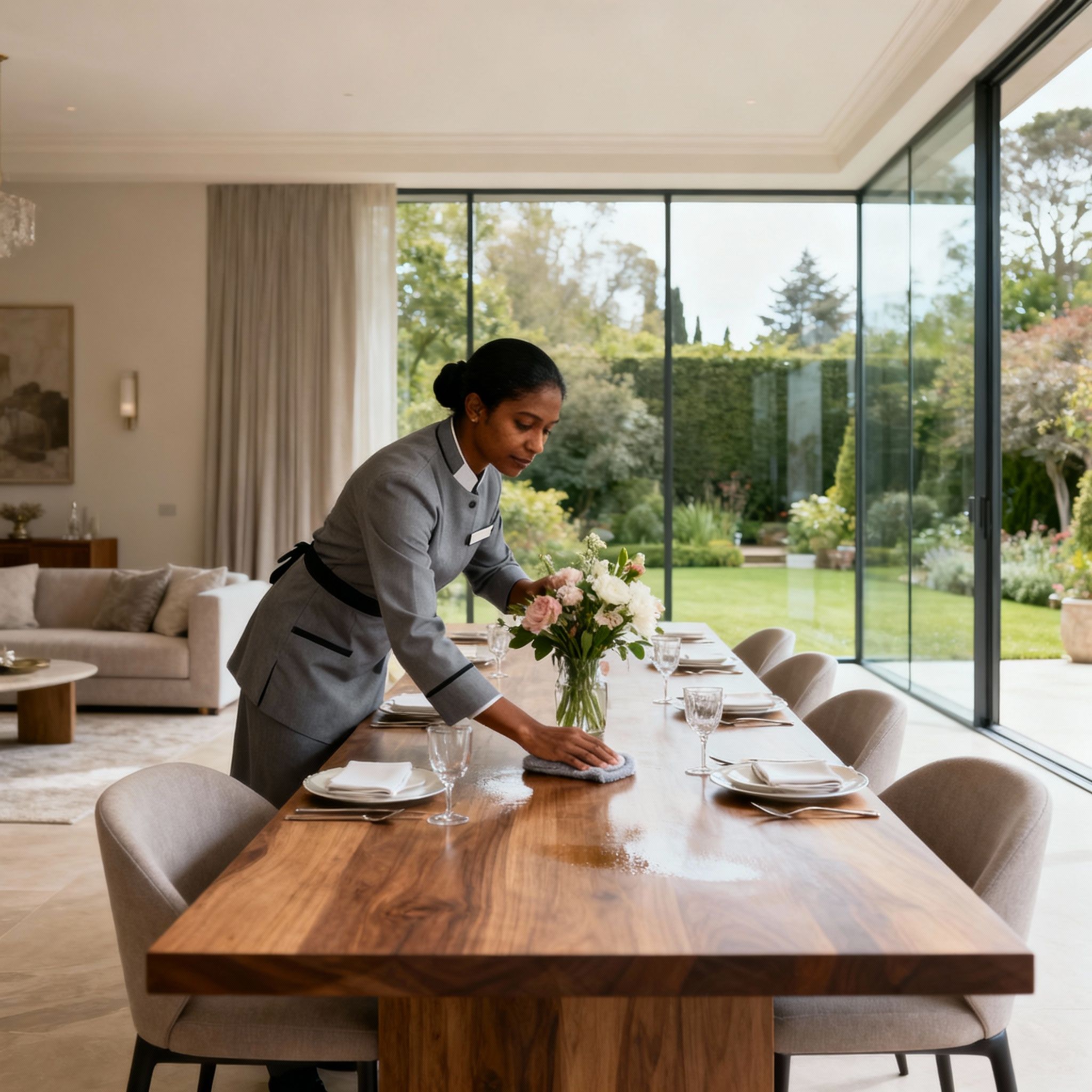 Servizi esclusivi dalla nostra agenzia domestici Milano. Governante srilankese cura una sala da pranzo di design.
