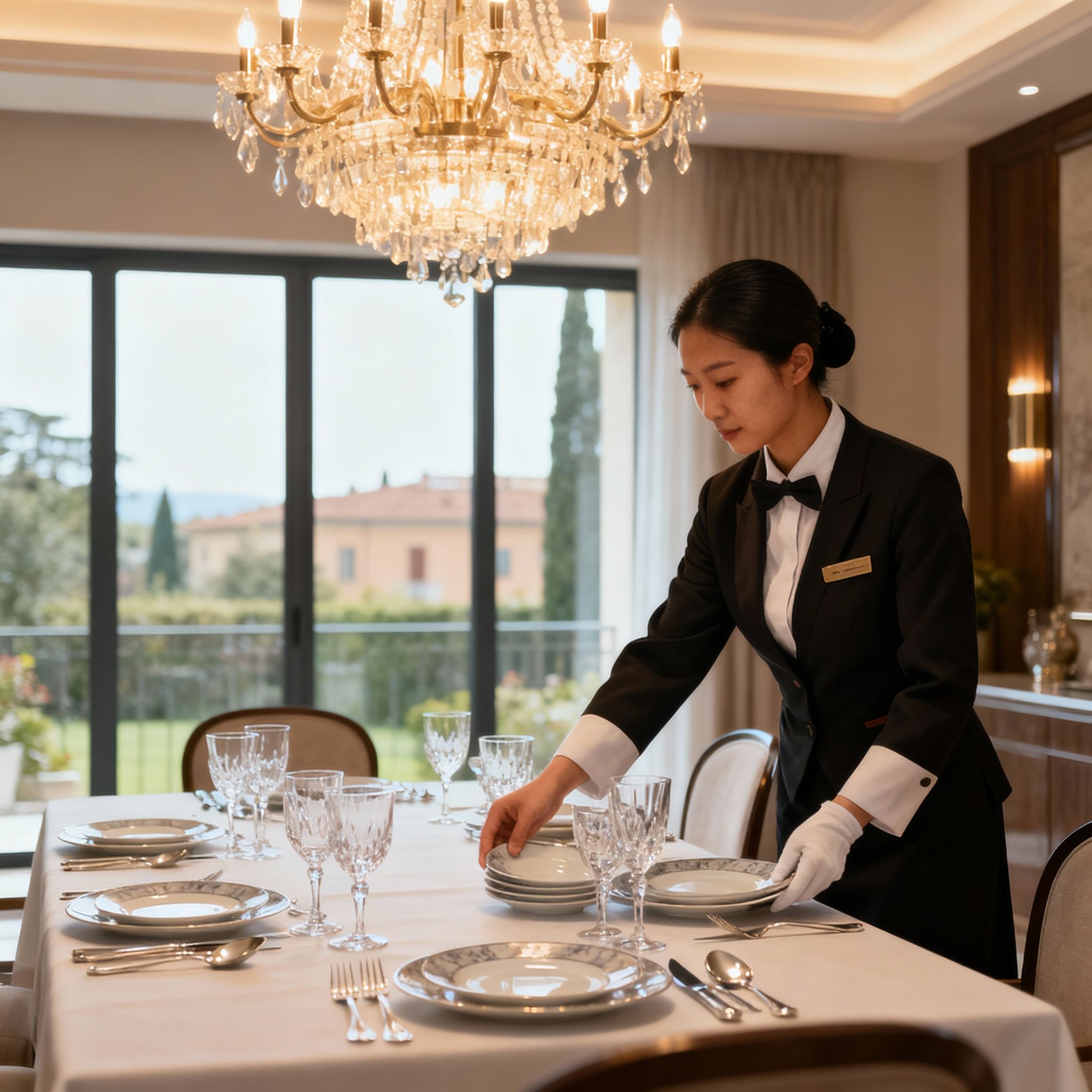 Agenzia domestici Parma: personale convivente prepara una tavola elegante per un evento. Servizio di lusso per i tuoi ospiti.