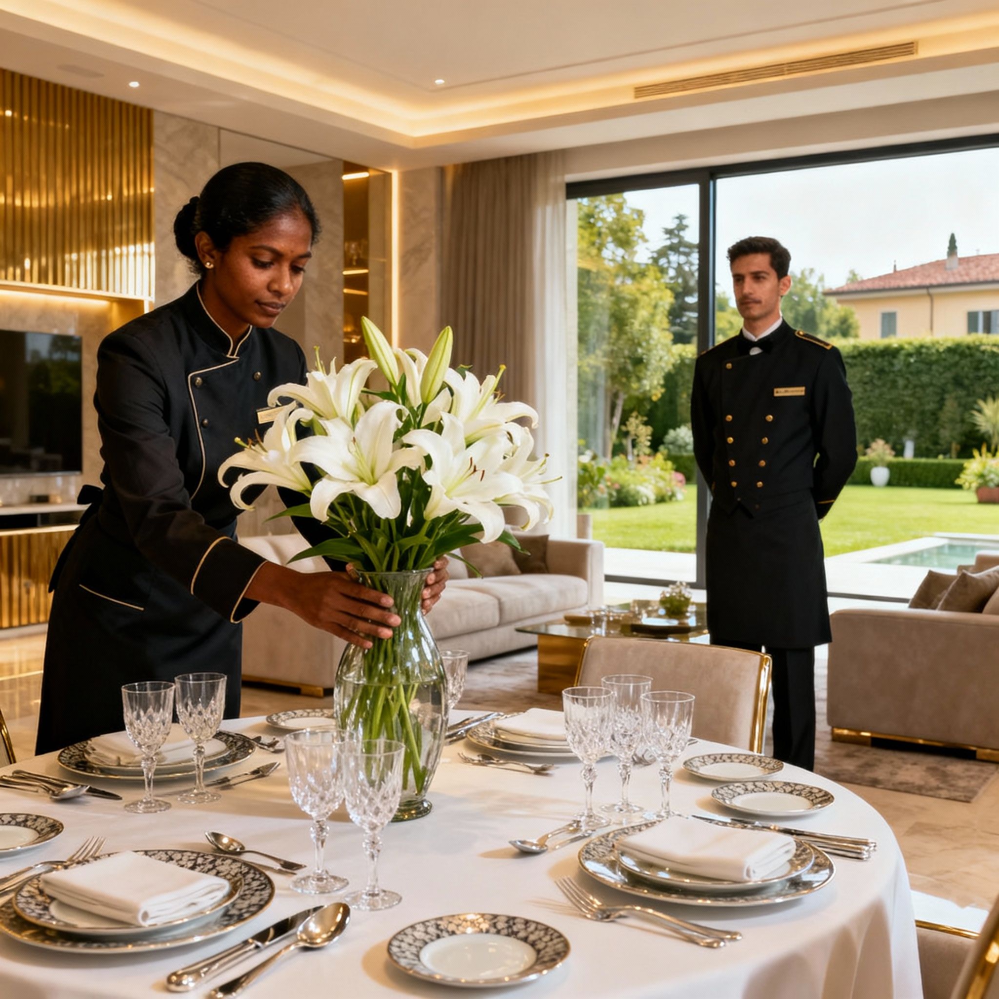 Personale qualificato con la nostra agenzia domestici Pavia. Allestimento di una sala da pranzo di lusso per eventi.