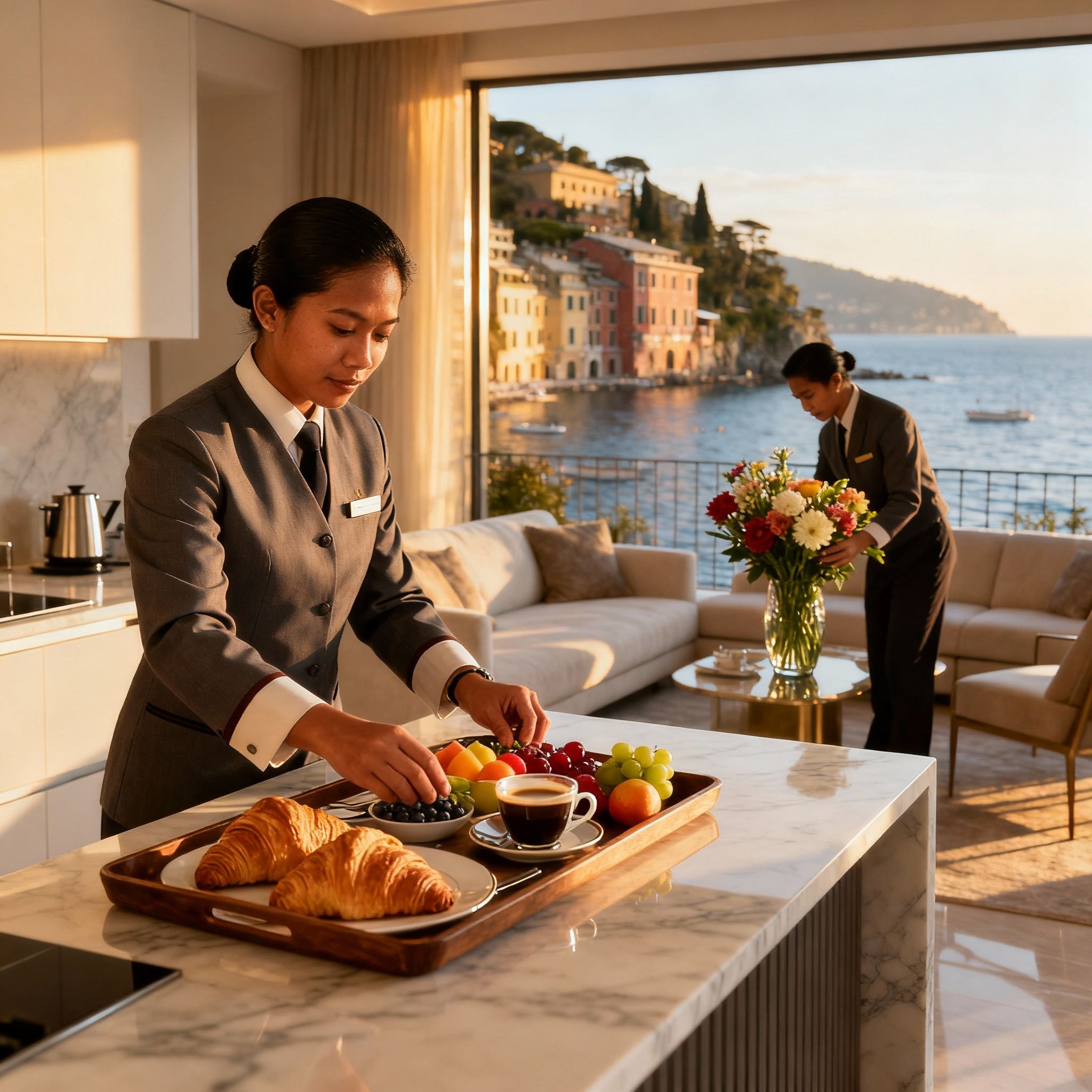 Servizio domestico personalizzato, agenzia domestici Portofino. Cameriera filippina prepara la colazione.