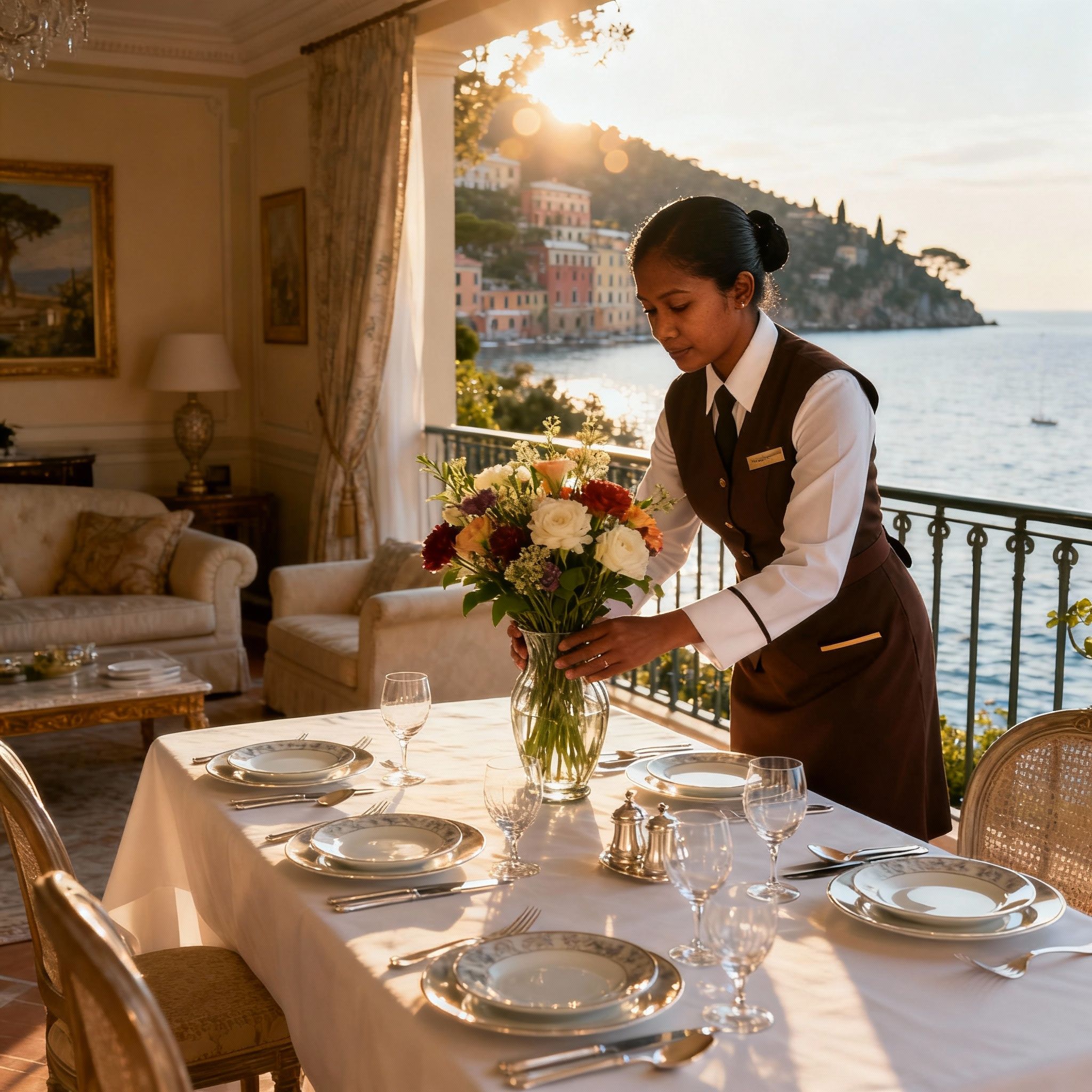 Agenzia domestici Portofino - colf cingalese prepara una tavola elegante in una residenza di lusso.