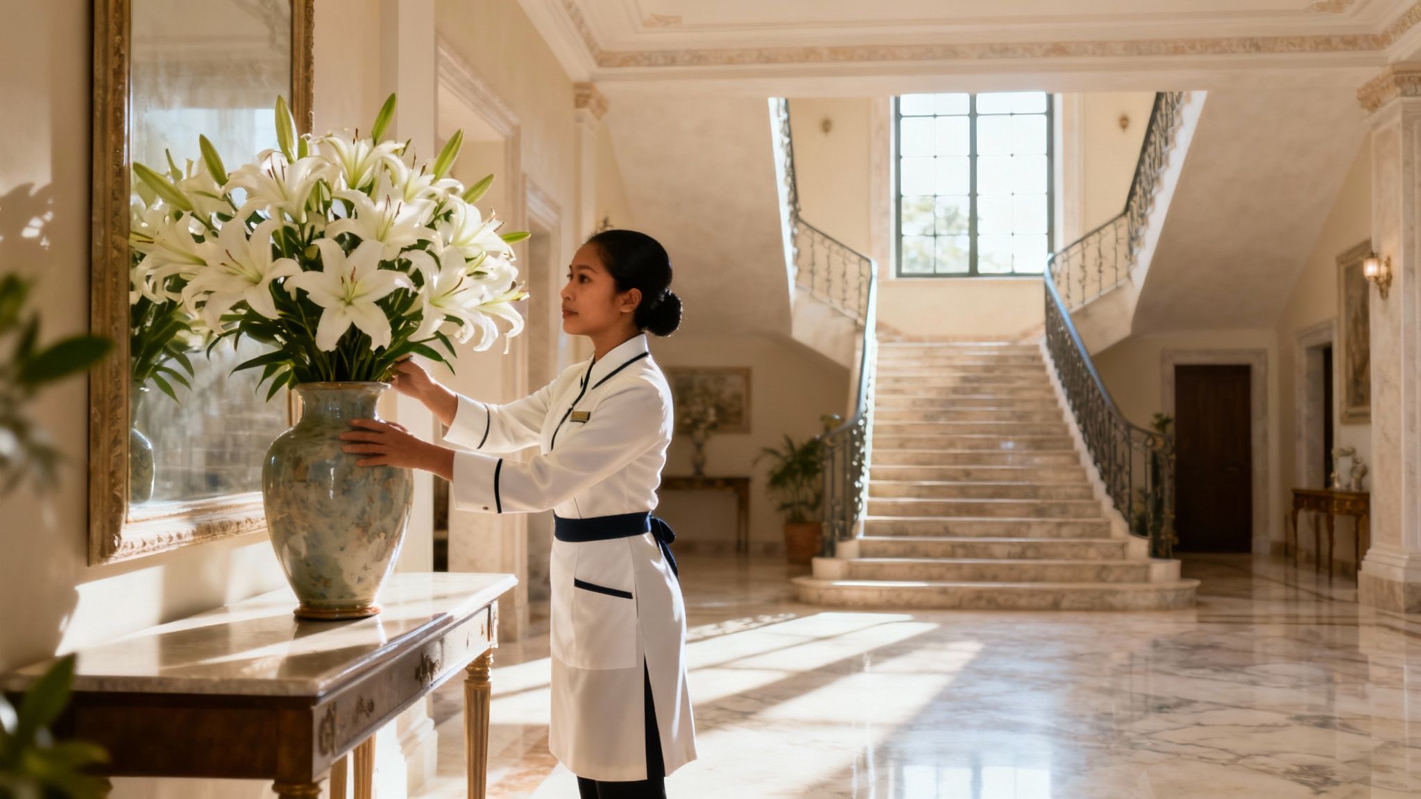 Agenzia domestici Reggio Emilia: domestico filippino referenziato in un salone di lusso con fiori freschi.