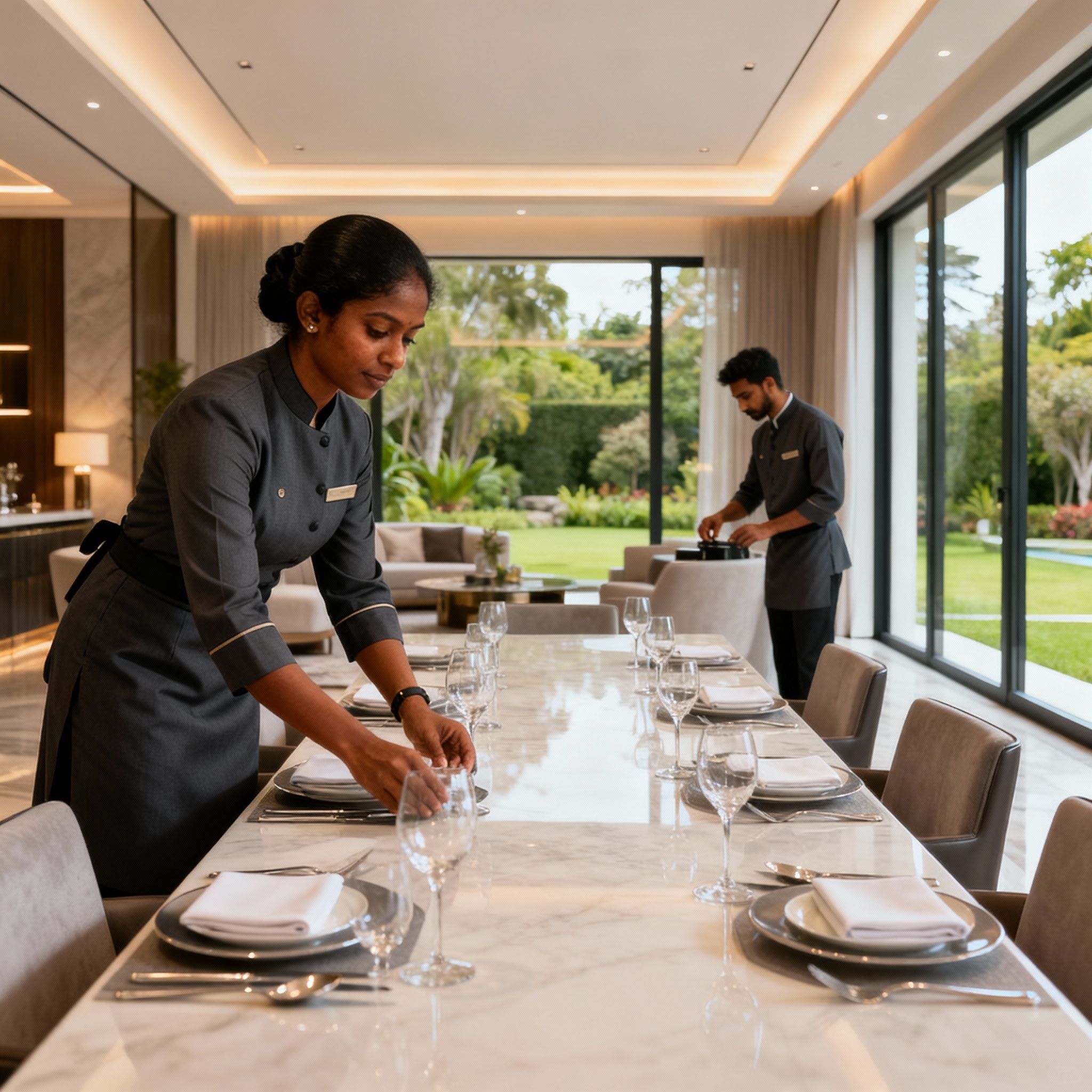 Servizio impeccabile dalla nostra agenzia domestici Rovigo: colf srilankese prepara una tavola elegante in un salone moderno.