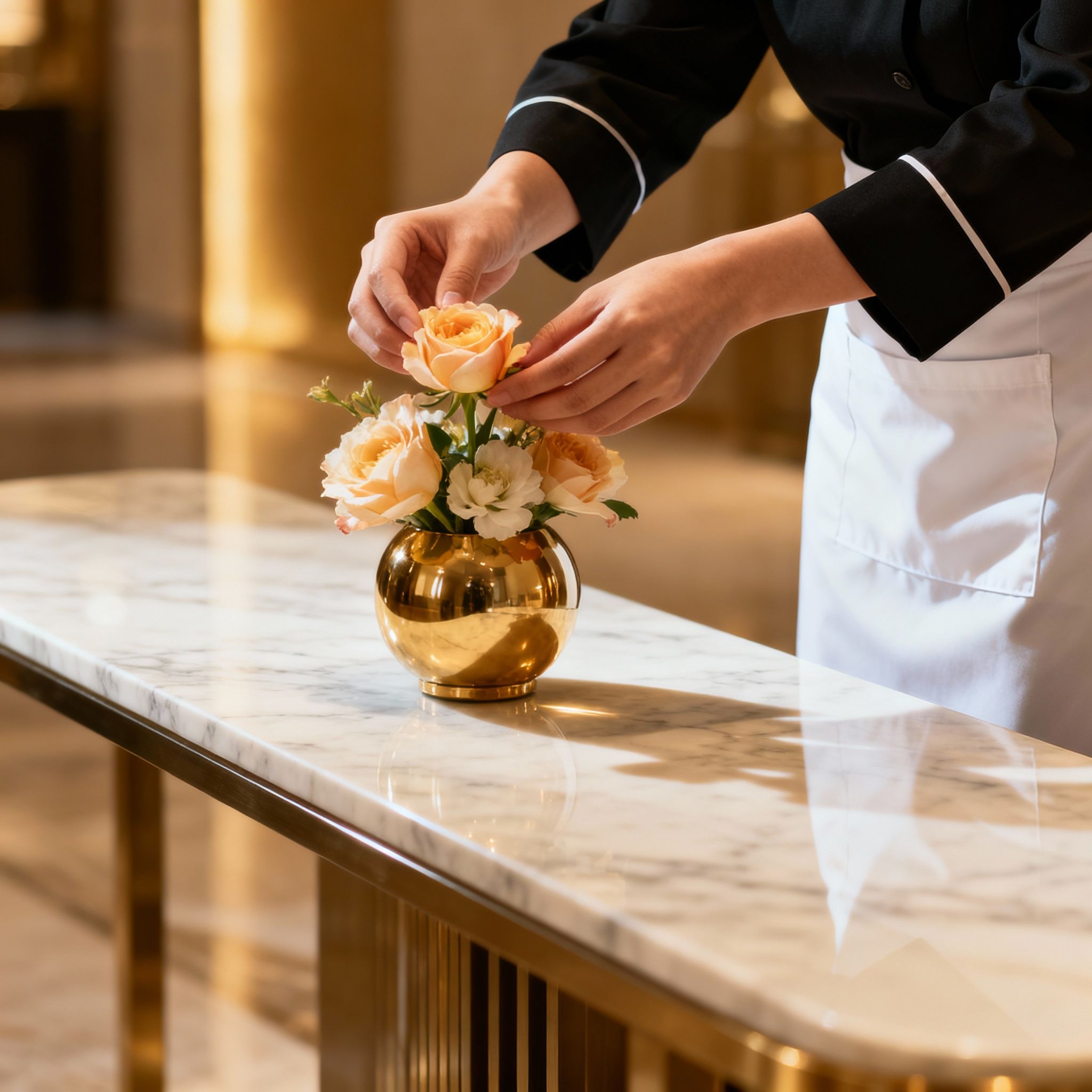 Dettagli di lusso curati da Agenzia domestici Trento. Mani di una domestica asiatica che sistema fiori freschi in una villa.