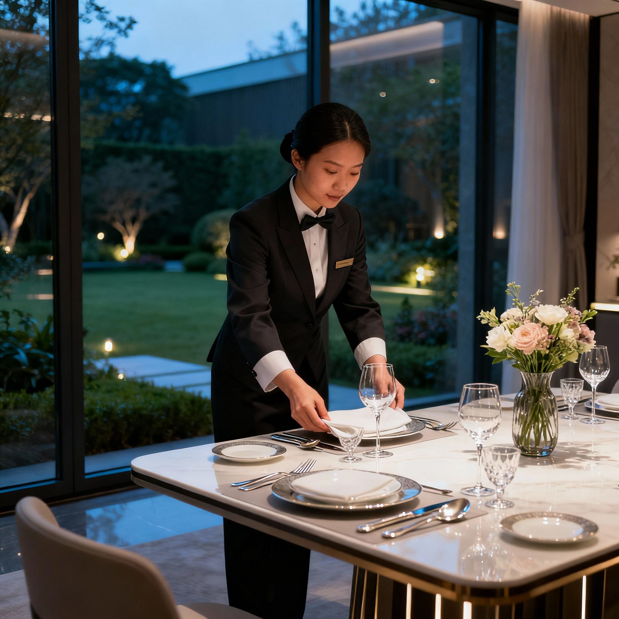 Agenzia domestici Treviso - Personale domestico asiatico che prepara una tavola elegante per una cena. Stile di vita di lusso.