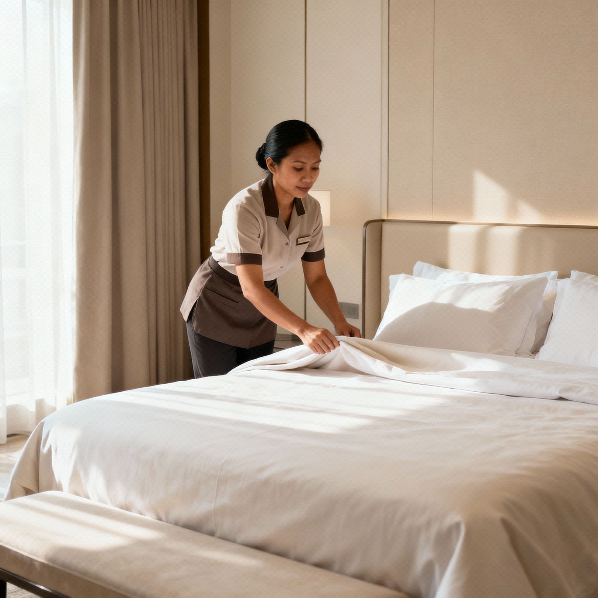 Agenzia domestici Venezia - Staff domestico filippino prepara una camera da letto con cura meticolosa.