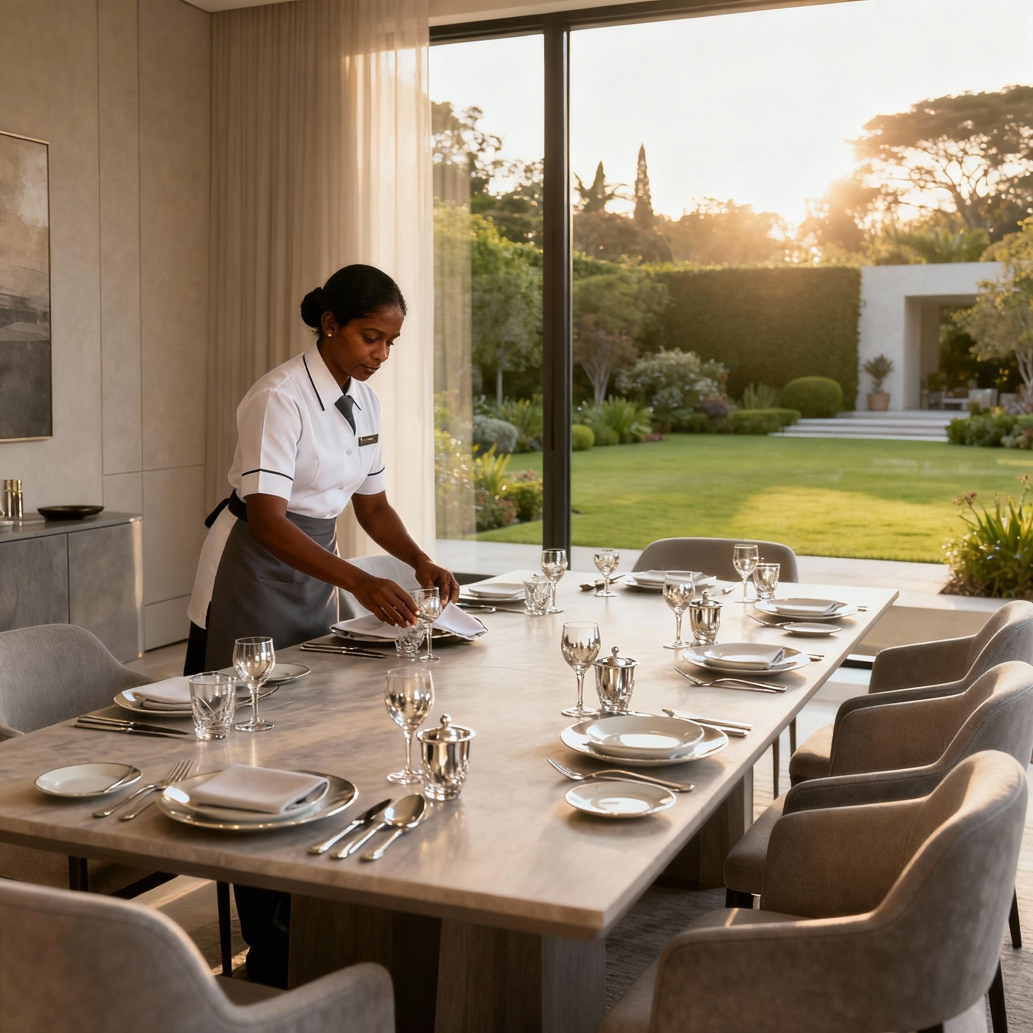 Agenzia per personale domestico Udine: governante srilankese prepara una tavola elegante. Servizio di lusso su misura.