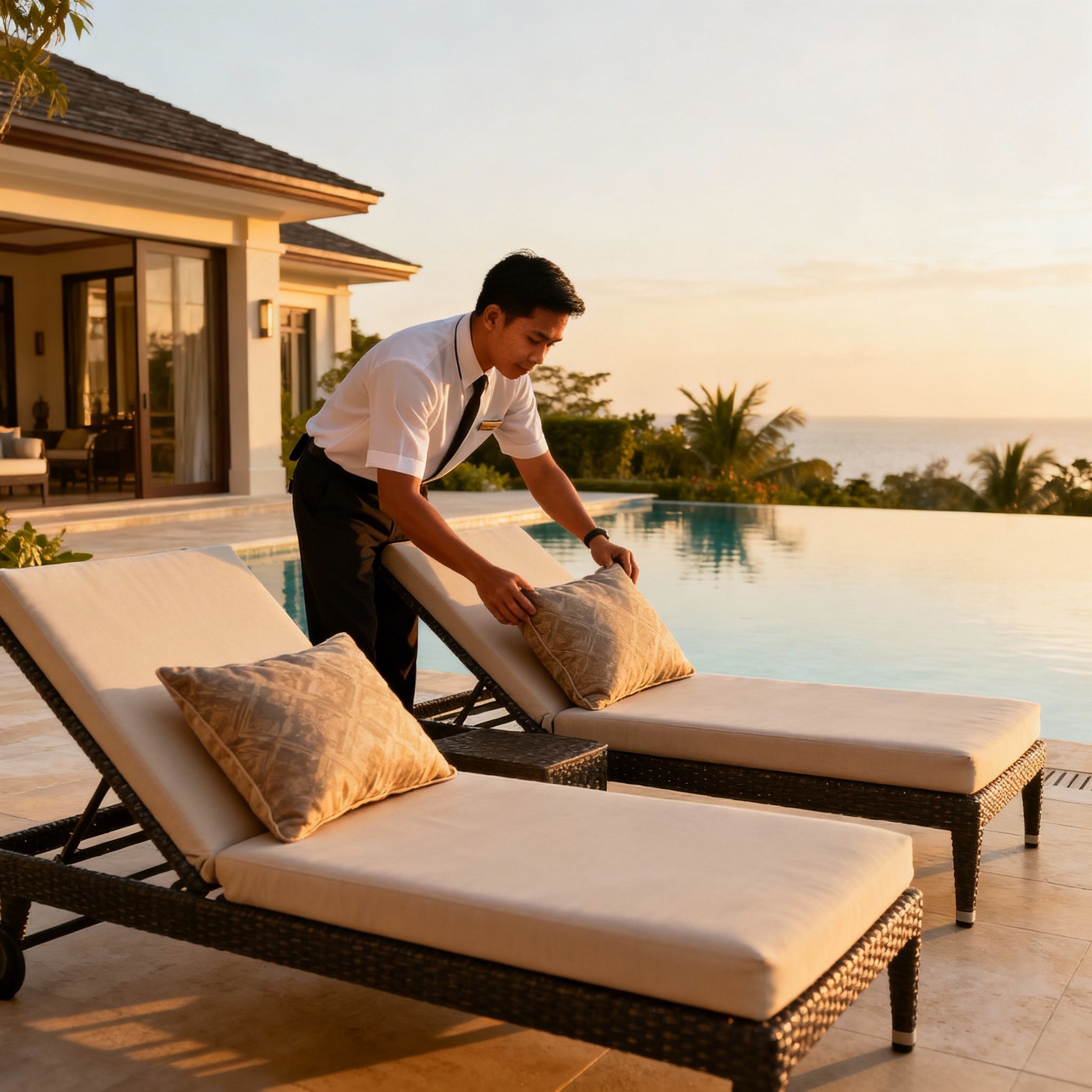 Cercasi Coppia Di Domestici: maggiordomo asiatico prepara terrazza di lusso. Lifestyle management per famiglie esigenti.