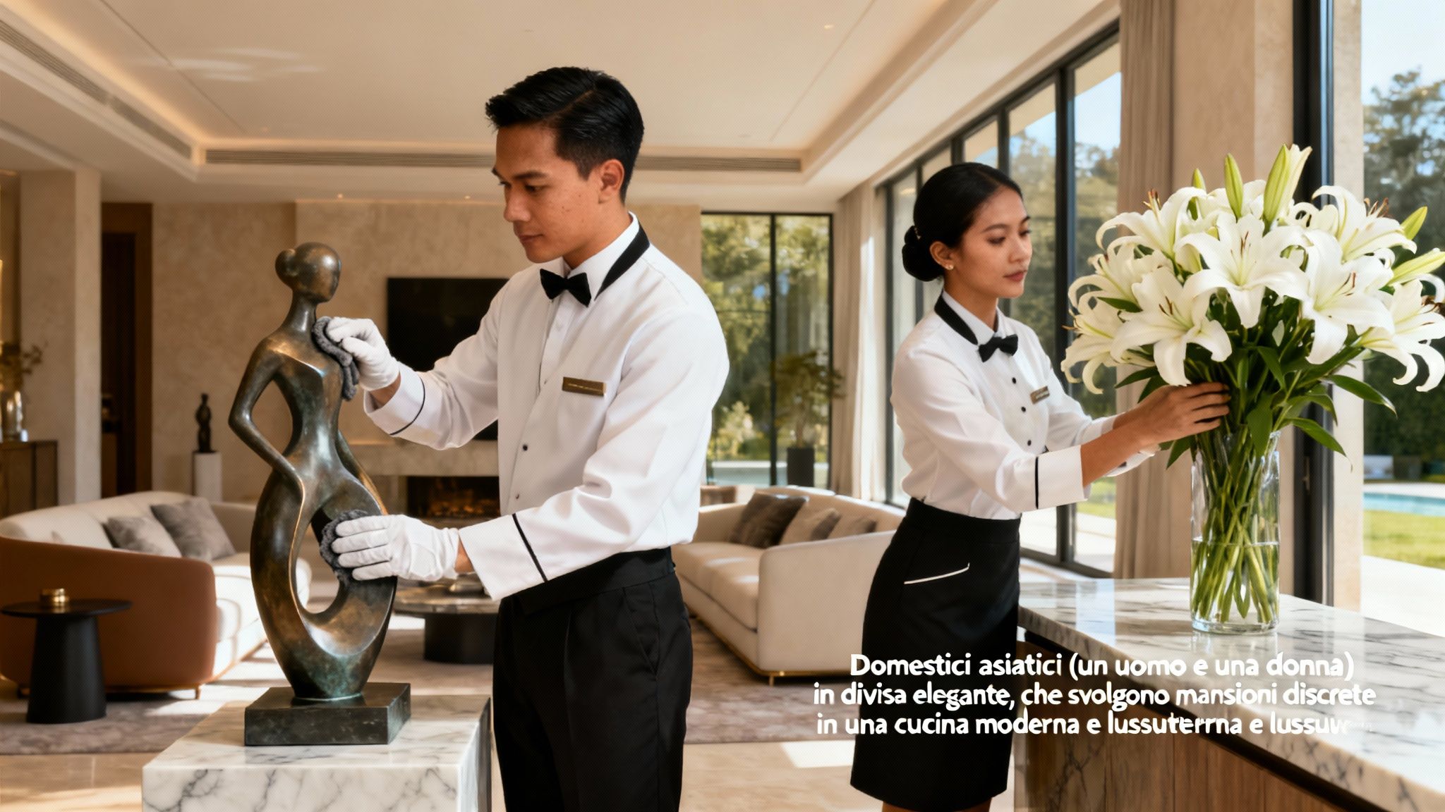 Cerco Coppia Di Domestici: coppia di domestici asiatici in divisa elegante in una villa di lusso con interni di design.