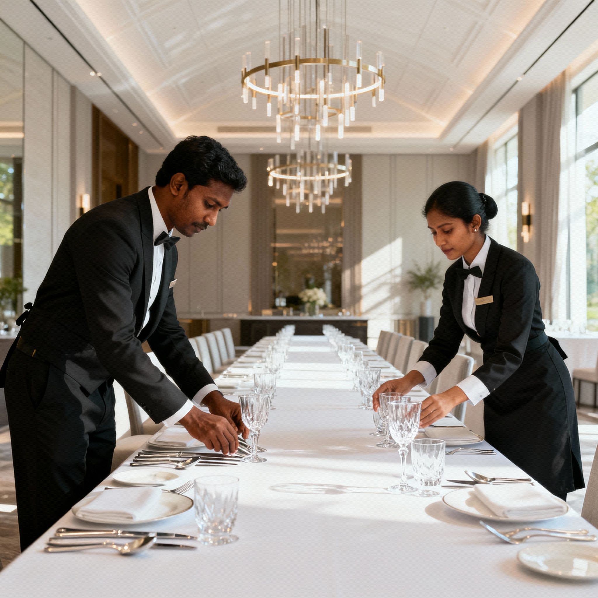 Cerco Coppia Di Domestici: personale domestico asiatico prepara una tavola da pranzo elegante in una casa signorile europea.
