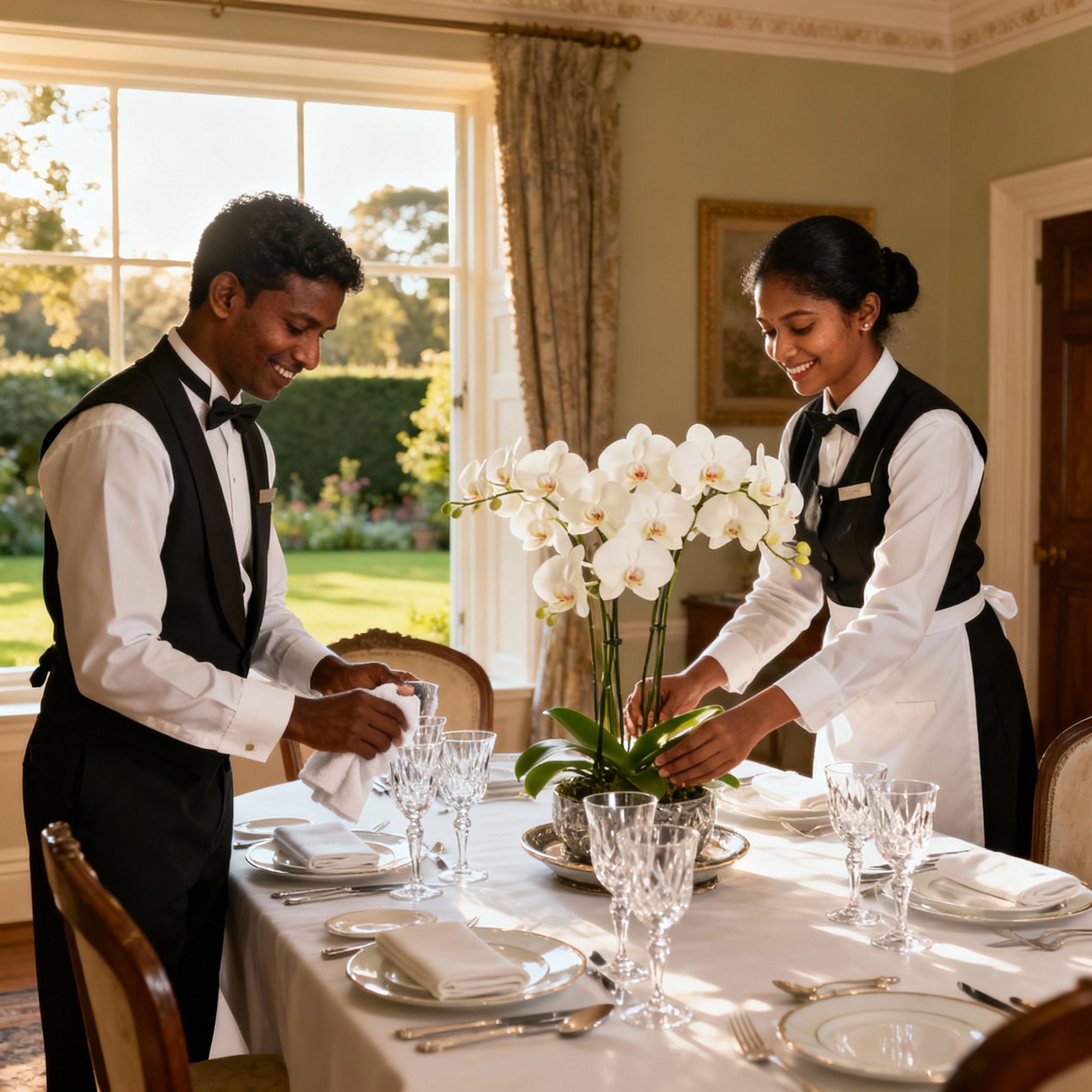Cerco Coppia Di Domestici bravi: domestici Sri Lanka preparano una tavola elegante in una casa signorile.