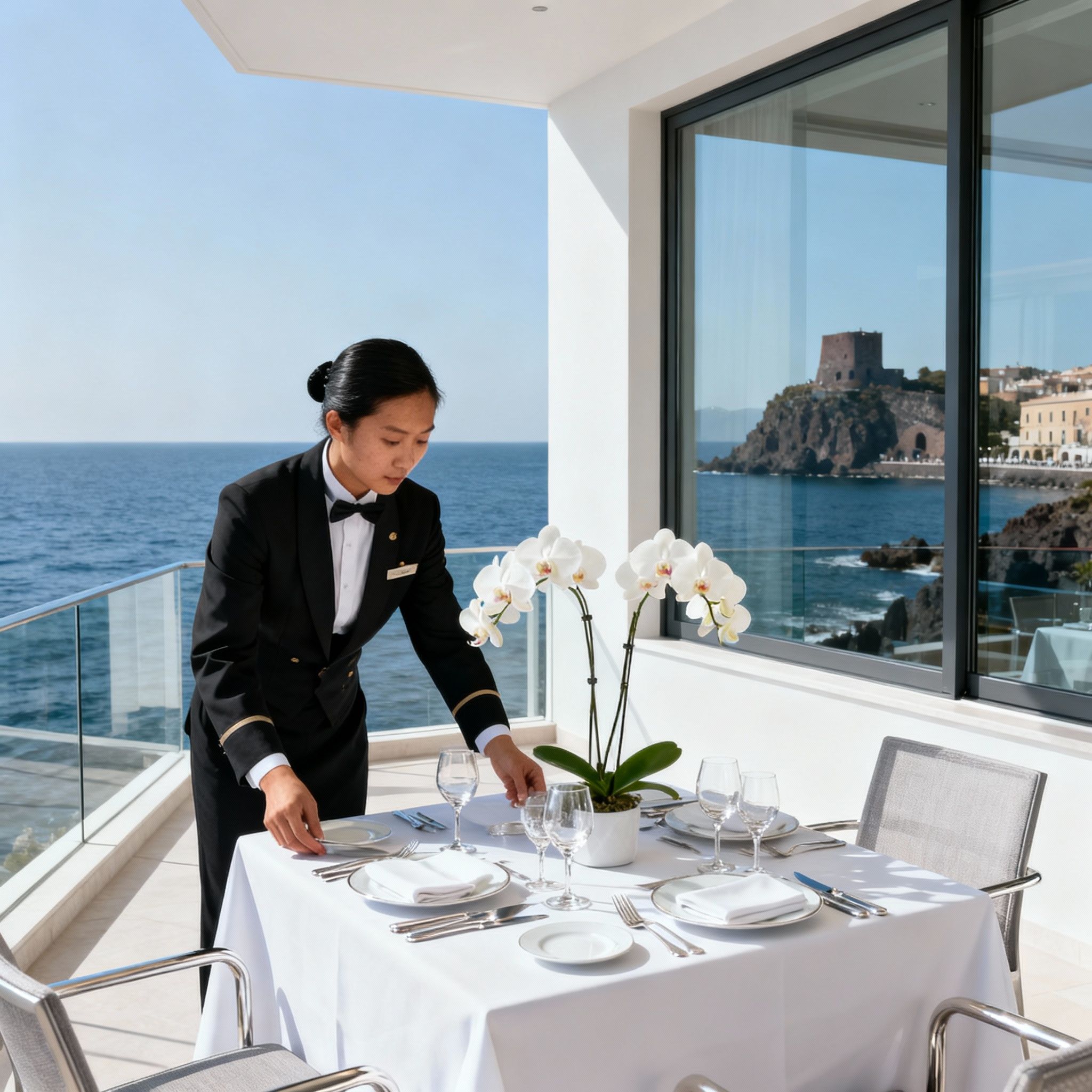 Colf convivente Aci Castello prepara una tavola elegante per una cena in una villa di lusso, servizio impeccabile e di classe.