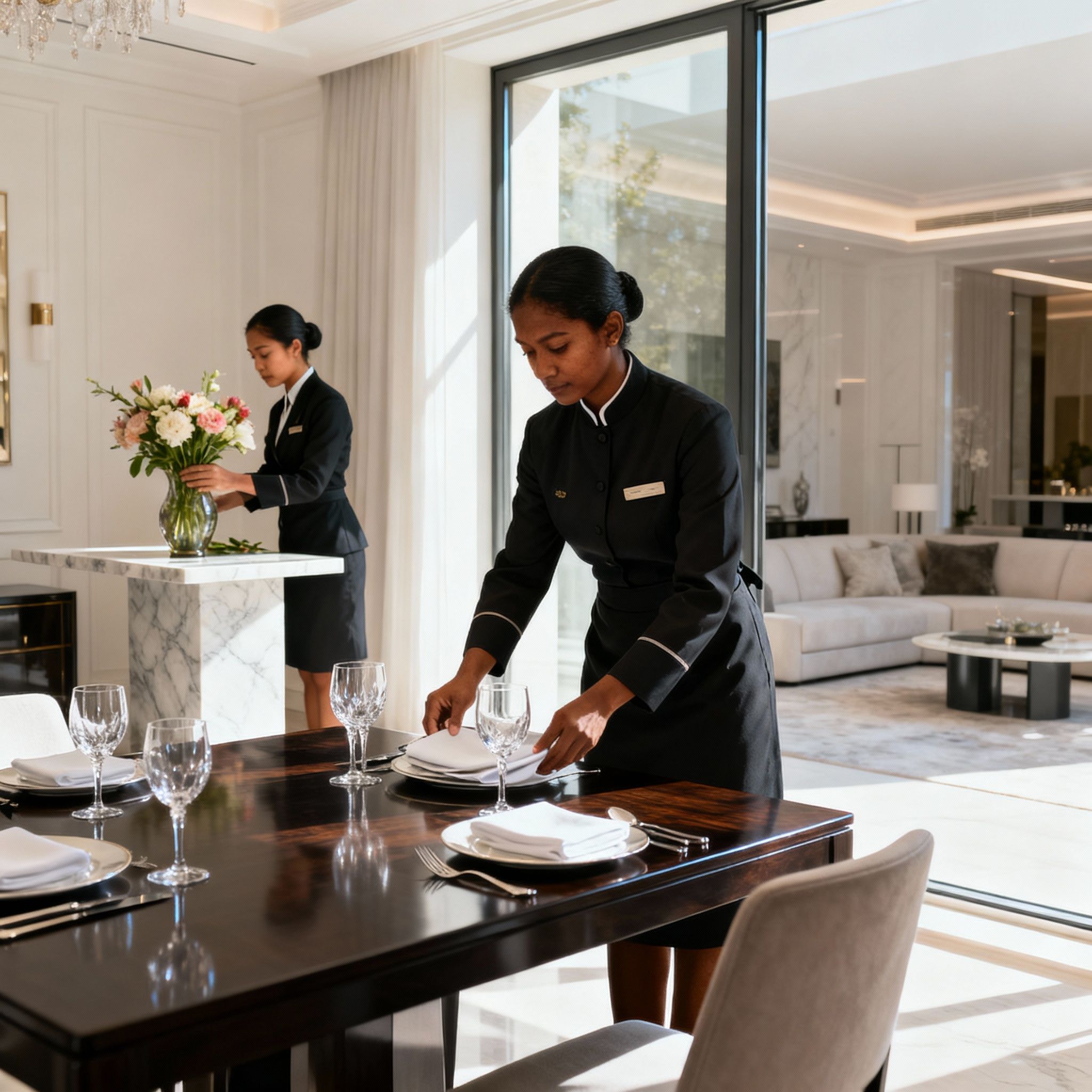 Colf Milano: governante srilankese prepara la tavola in una residenza di lusso. Servizio impeccabile e professionale.