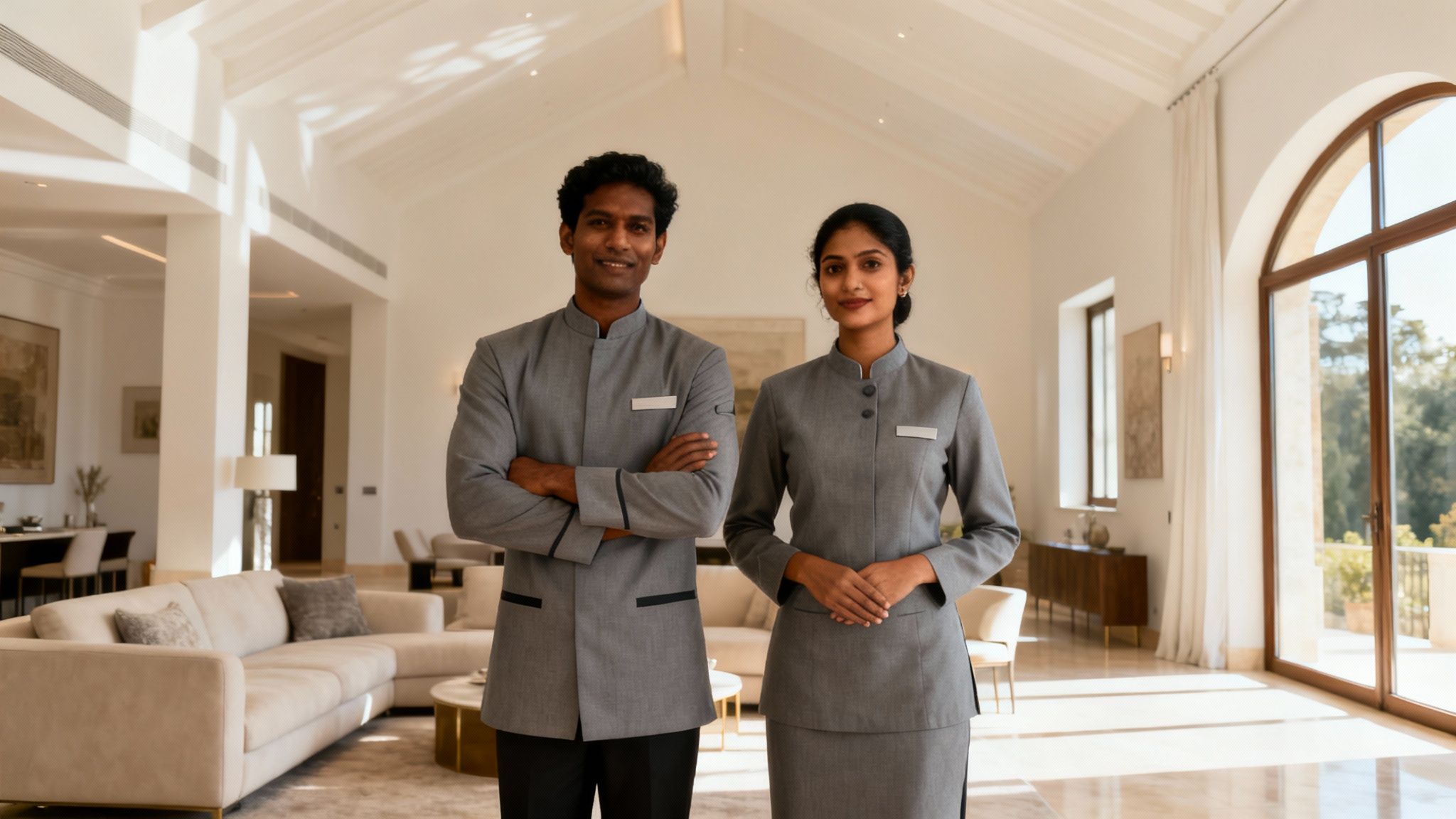 Come assumere coppia domestici Cingalesi - professionisti in uniforme in un salotto di lusso.