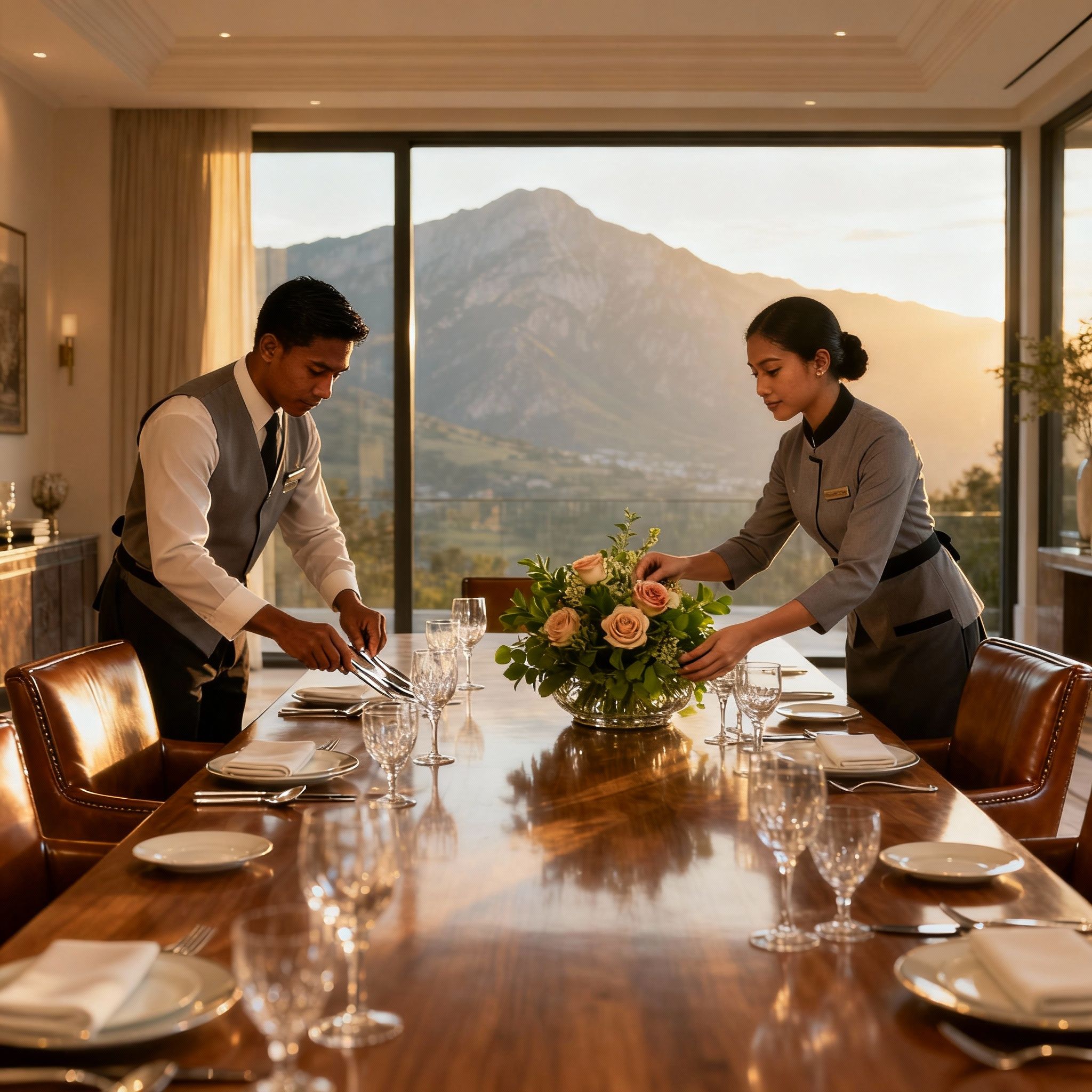 Coppia Di Filippini Asiago che prepara con meticolosa cura una sala da pranzo di lusso per un evento privato in una villa.