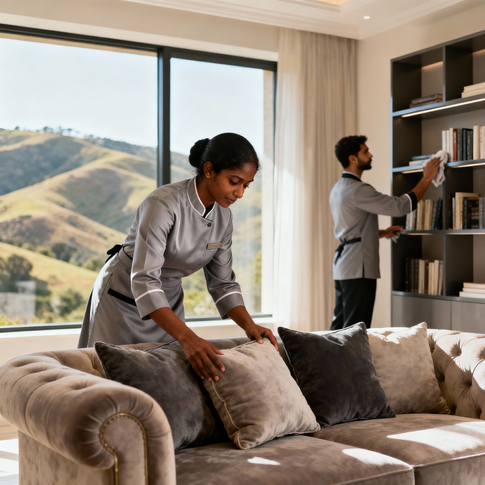 Coppia Di Filippini Assisi: gestione impeccabile del living. Domestici asiatici mantengono l'ordine in una residenza di lusso.