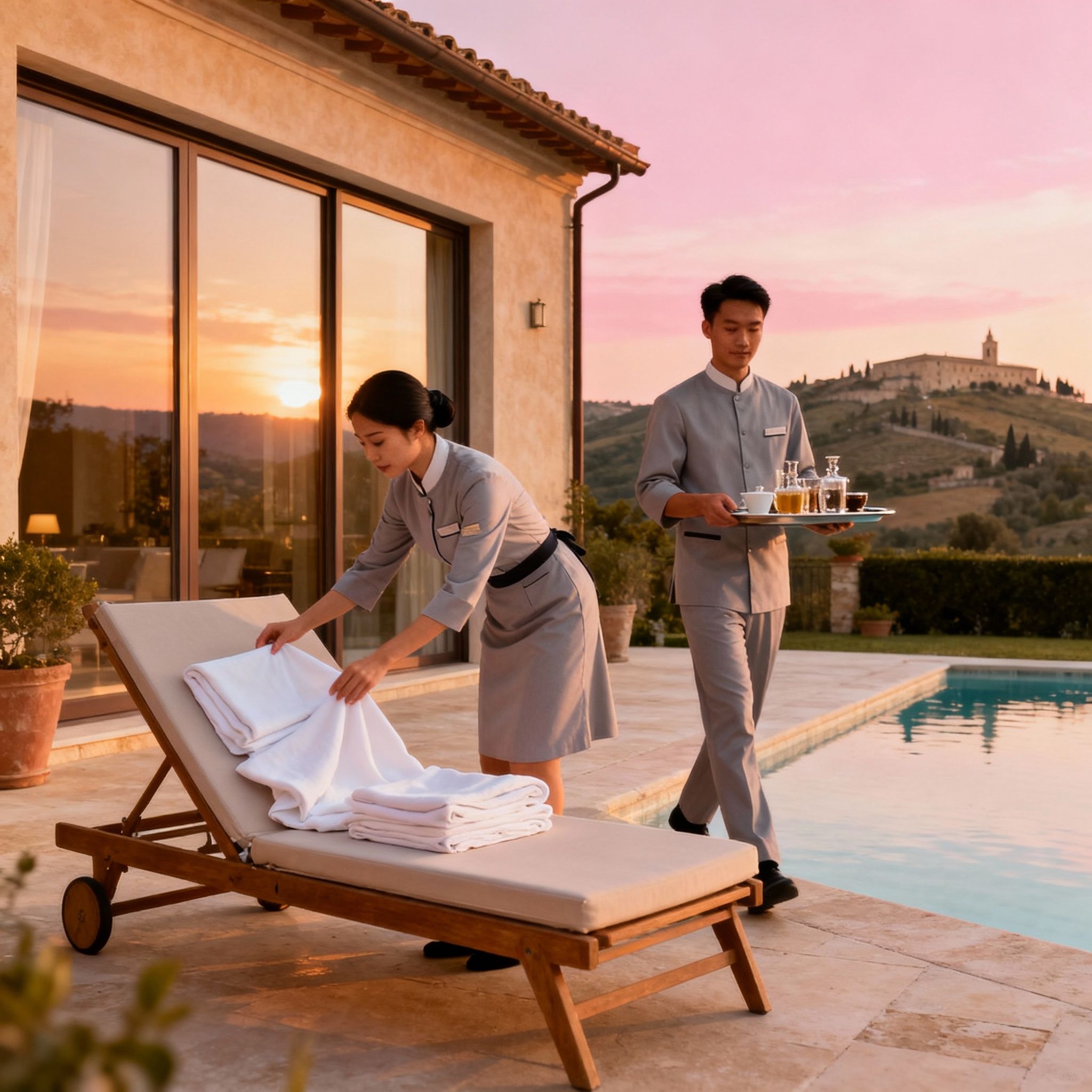 Coppia Di Filippini Assisi: servizio lifestyle di lusso a bordo piscina. Domestici preparano l'area relax per il massimo comfort.