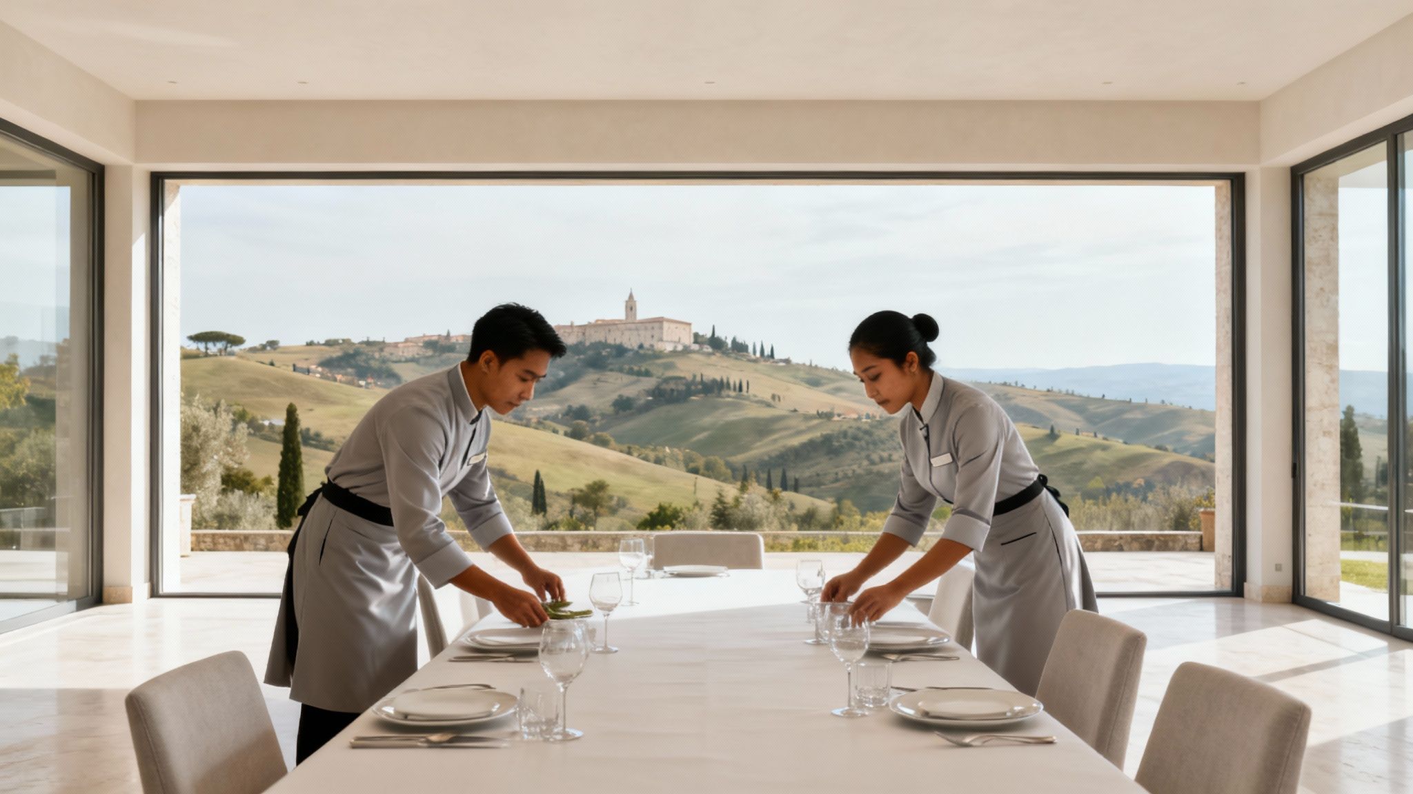 Coppia Di Filippini Assisi: servizio domestico d'elite in una villa di lusso. Domestici in uniforme preparano un tavolo elegante.