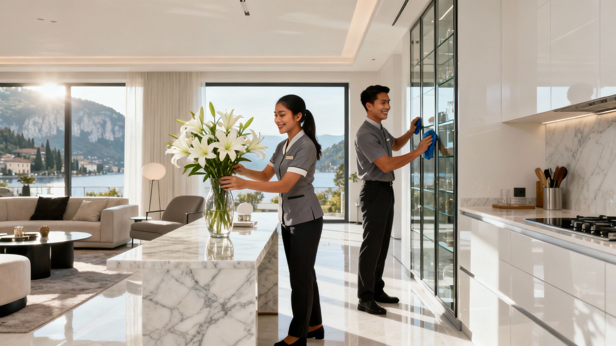 Coppia Di Filippini Lecco in una villa di lusso. Domestici filippini professionisti al lavoro con eleganza e discrezione.