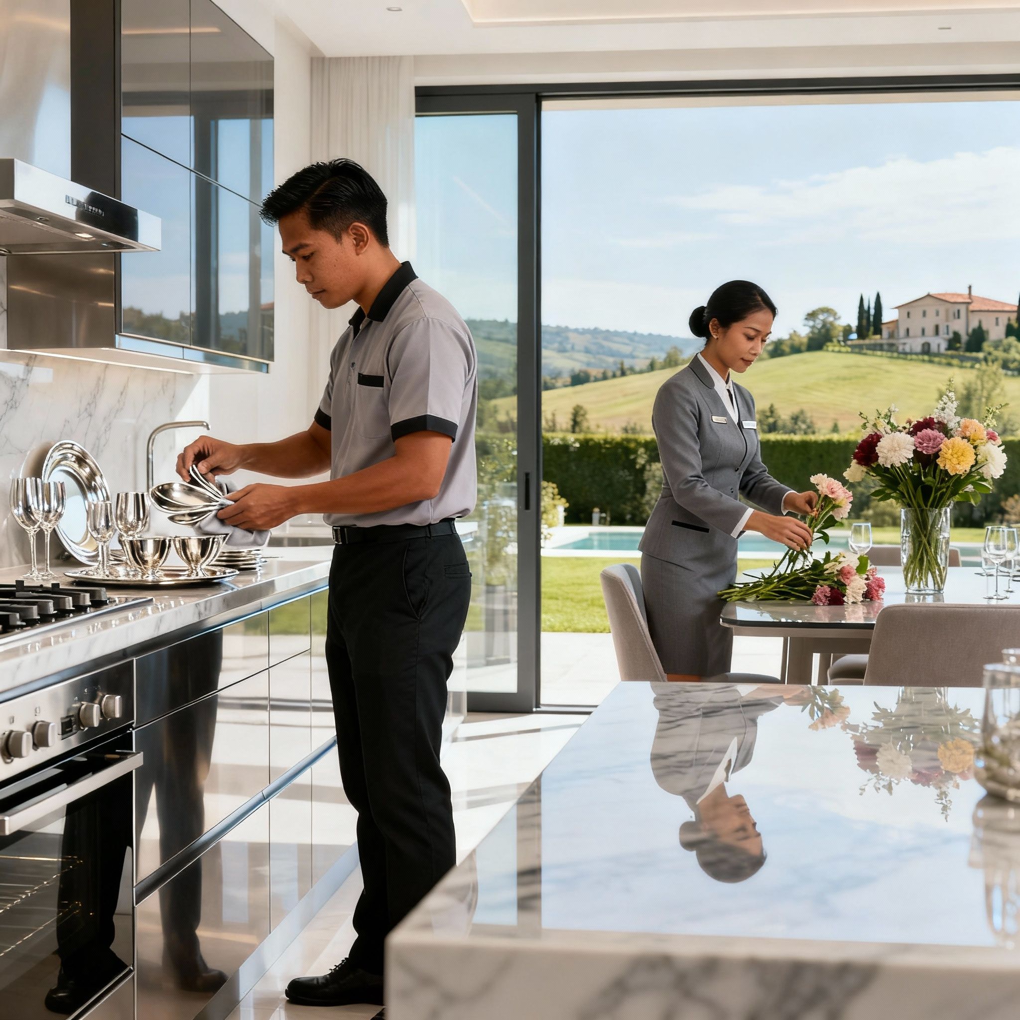 Servizi di lusso offerti da una Coppia Di Filippini Vicenza: dalla cucina alla manutenzione, per una gestione completa della villa.