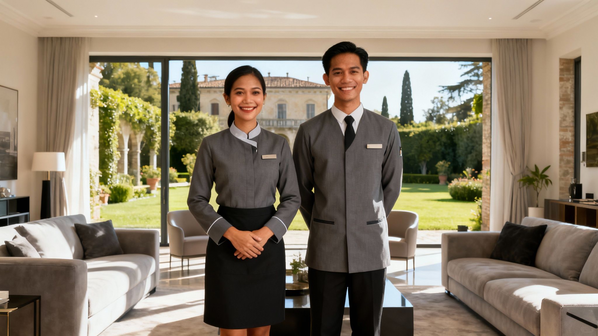 Coppia Domestici Filippini Lucca, servizio di lusso per ville prestigiose. Coppia asiatica professionale in uniforme elegante.