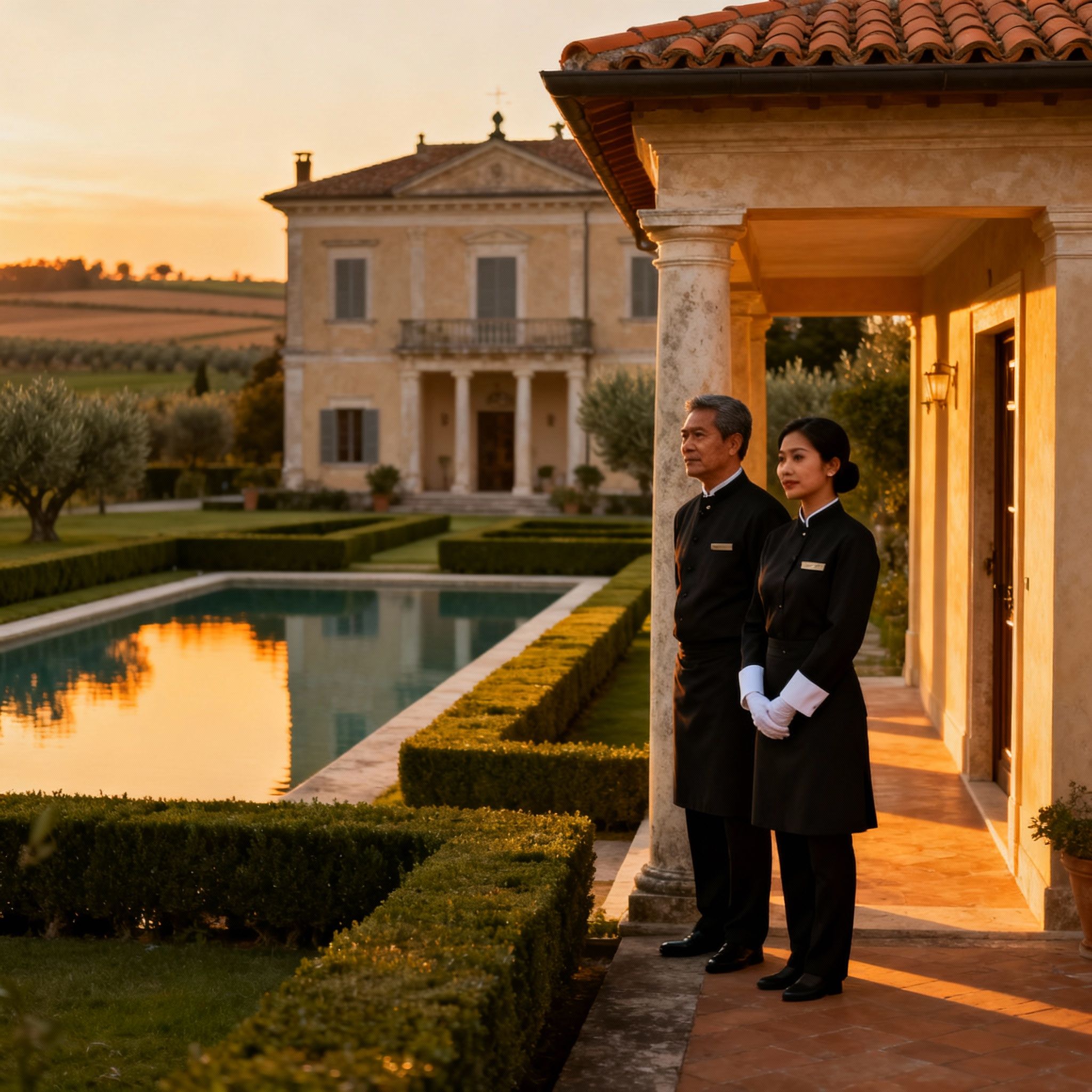 Coppia di domestici professionisti davanti a una villa di lusso a Mantova, simbolo di gestione impeccabile.