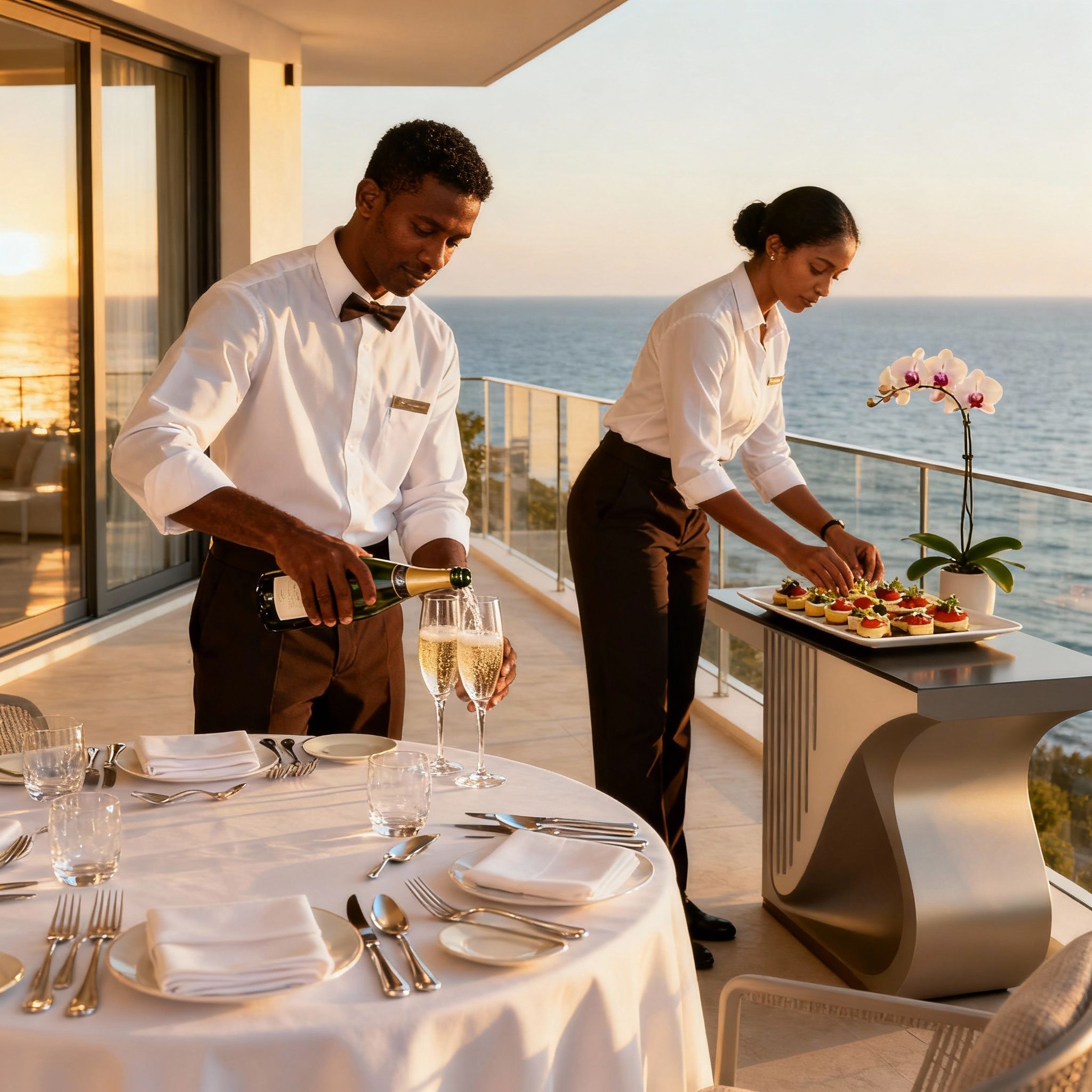 Servizio d'elite della Coppia Sri Lanka Sanremo: manutenzione impeccabile della terrazza e piscina in una villa signorile.