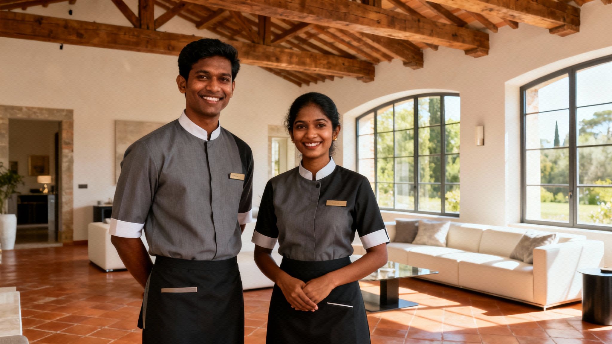 Coppia Sri Lanka Siena: personale domestico d'elite per la vostra villa di lusso. Uomo e donna sorridono professionalmente.