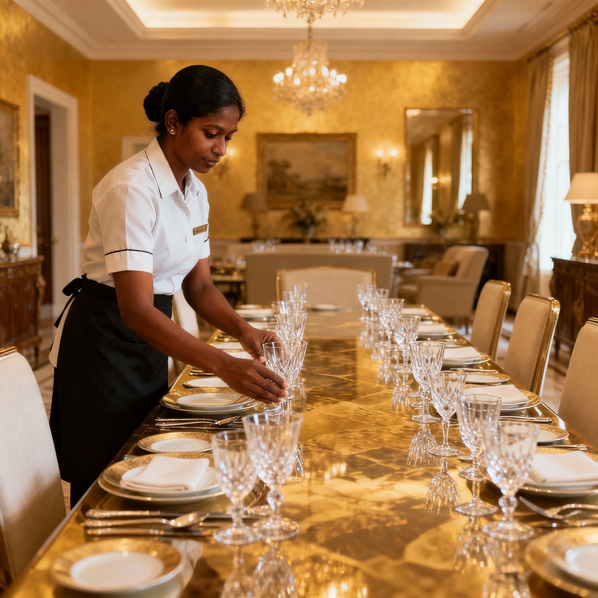 Coppia Sri Lanka Trieste prepara una sala da pranzo di lusso. Servizio domestico esclusivo e attenzione ai dettagli.