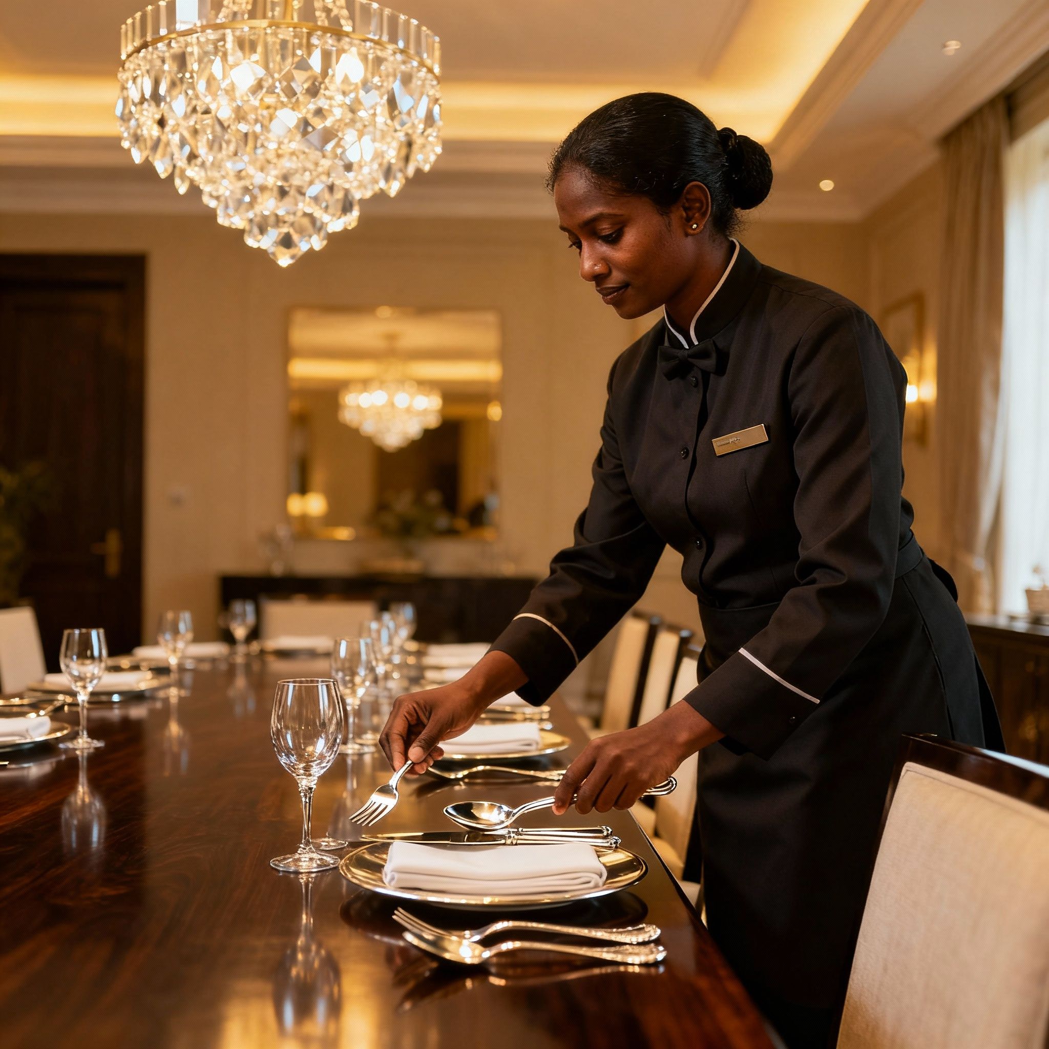 Servizio di maggiordomo da una Coppia Sri Lanka Vicenza, preparazione impeccabile di una tavola da pranzo in casa di lusso.