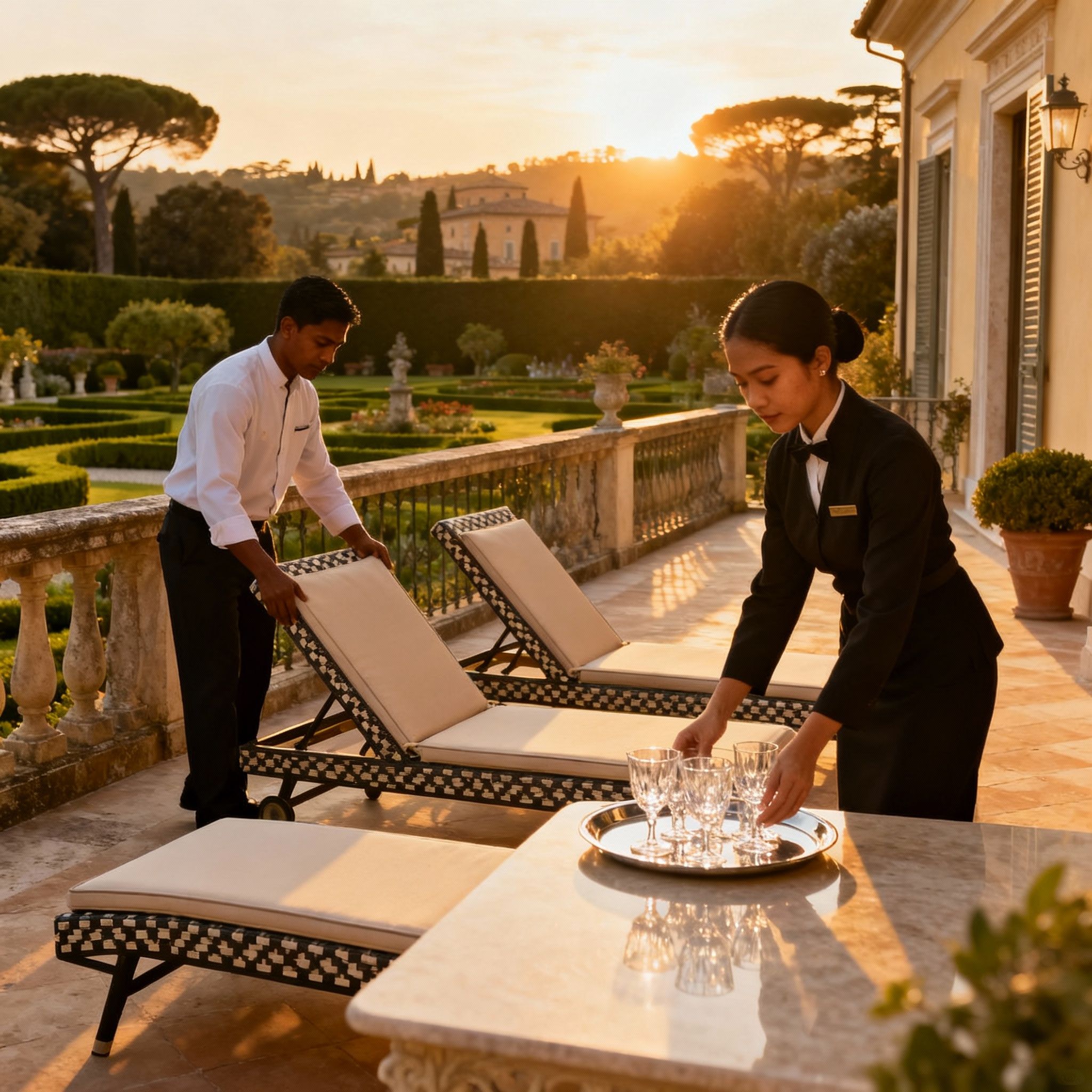 Coppia Sri Lanka Vicenza prepara una terrazza di lusso. Servizio domestico lifestyle per una gestione impeccabile della residenza.