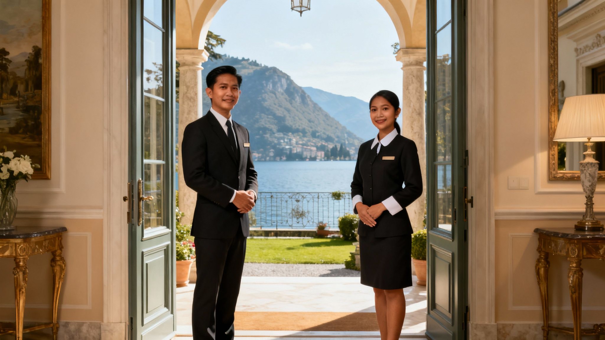 Coppia custodi filippini Como lago accoglie all'ingresso di una villa di lusso. Servizio domestico impeccabile e professionale.
