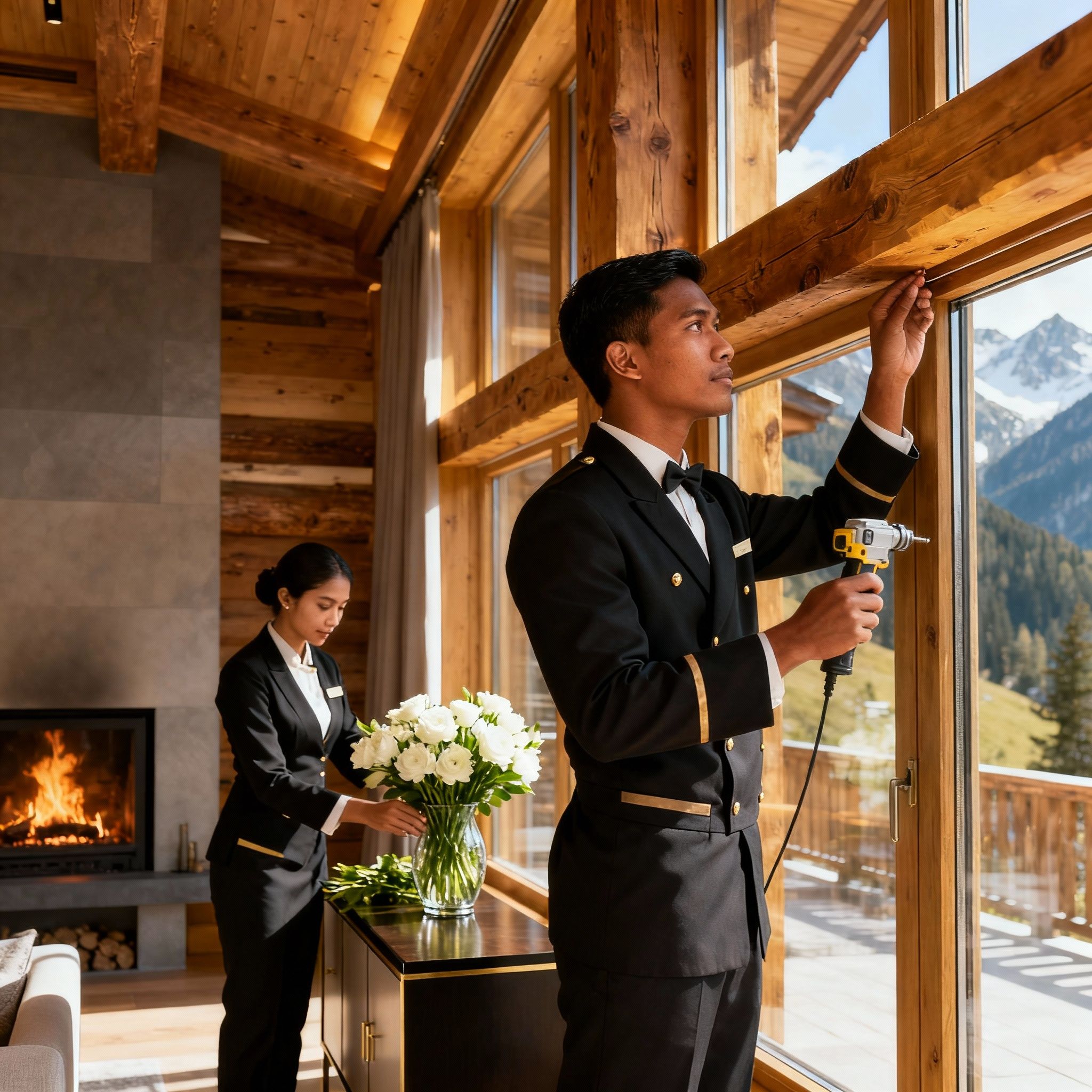 Coppia custodi filippini chalet montagna: lui si occupa della manutenzione, lei della cura della casa.