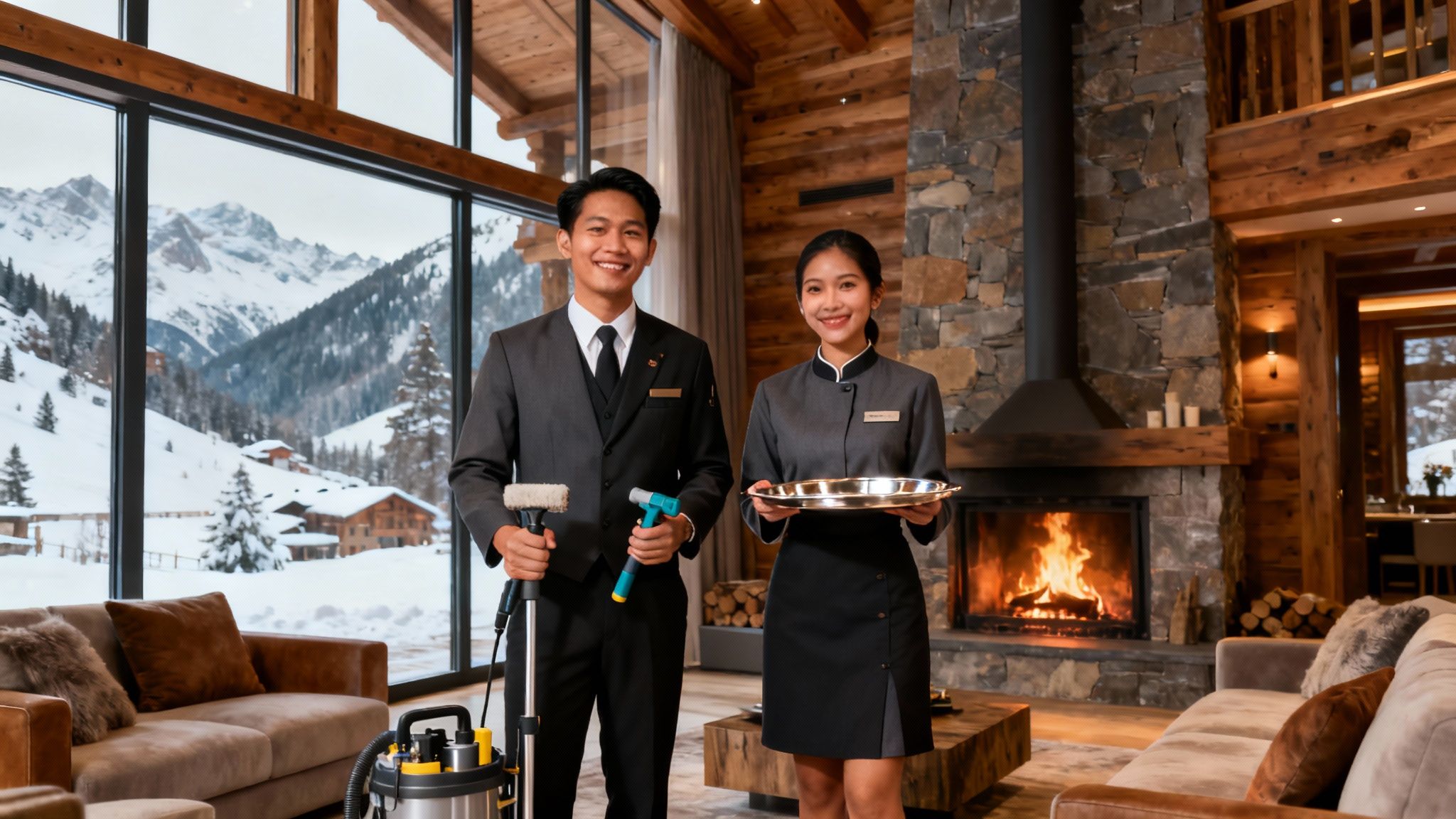 Coppia custodi filippini chalet montagna: accoglienza professionale in un salone di lusso con camino acceso.