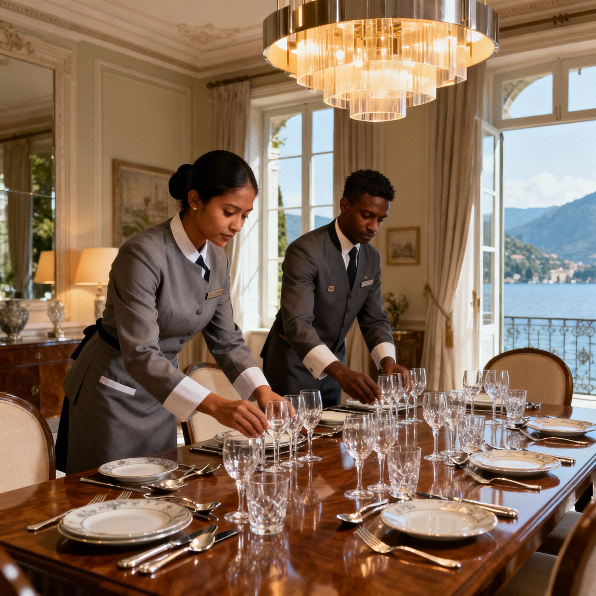 Coppia domestici Cernobbio prepara una tavola da pranzo elegante, simbolo di un servizio domestico di alta classe.