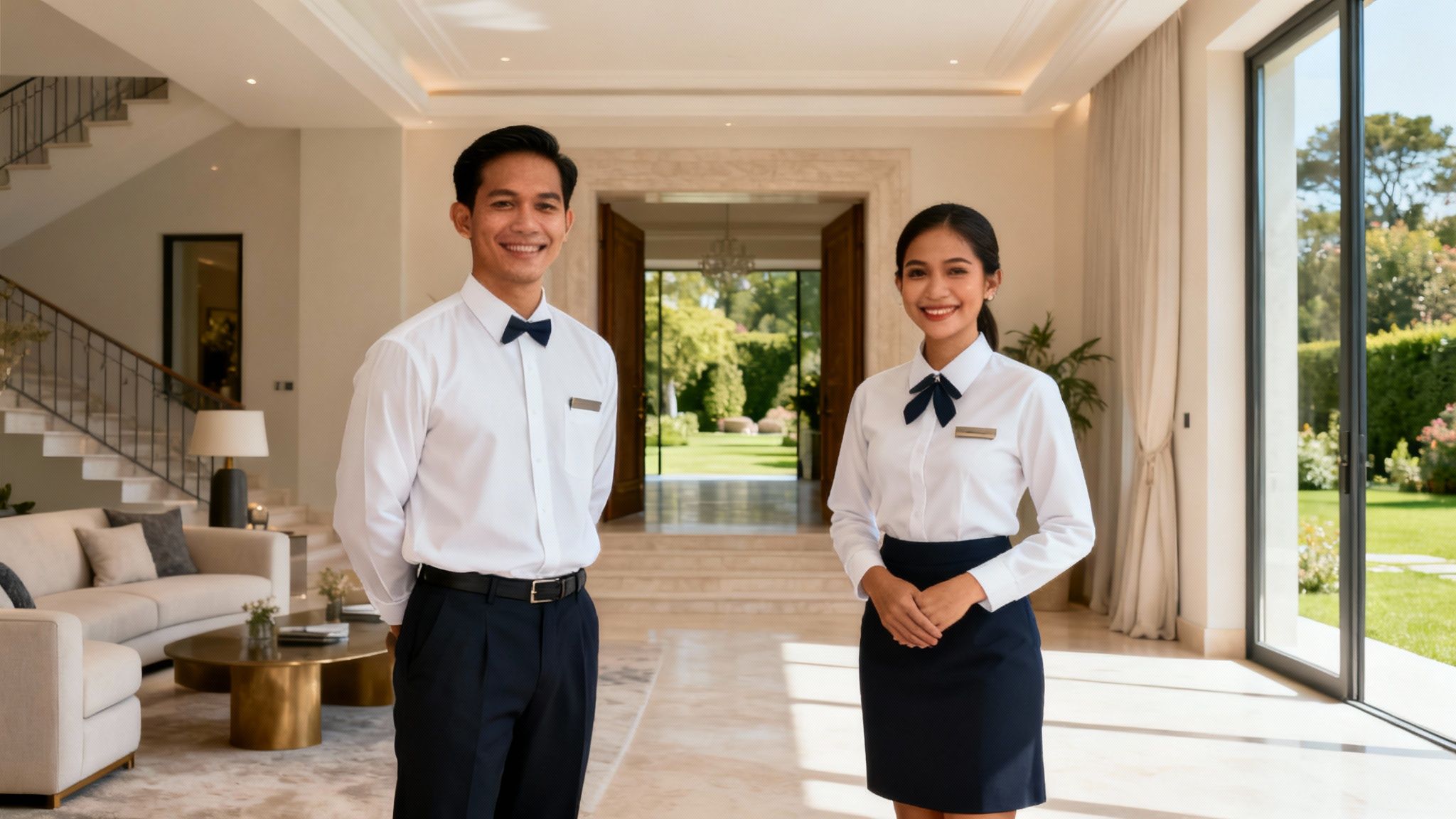 Coppia domestici Filippini Piacenza in uniforme elegante all'interno di una villa di lusso, sorridenti e professionali.