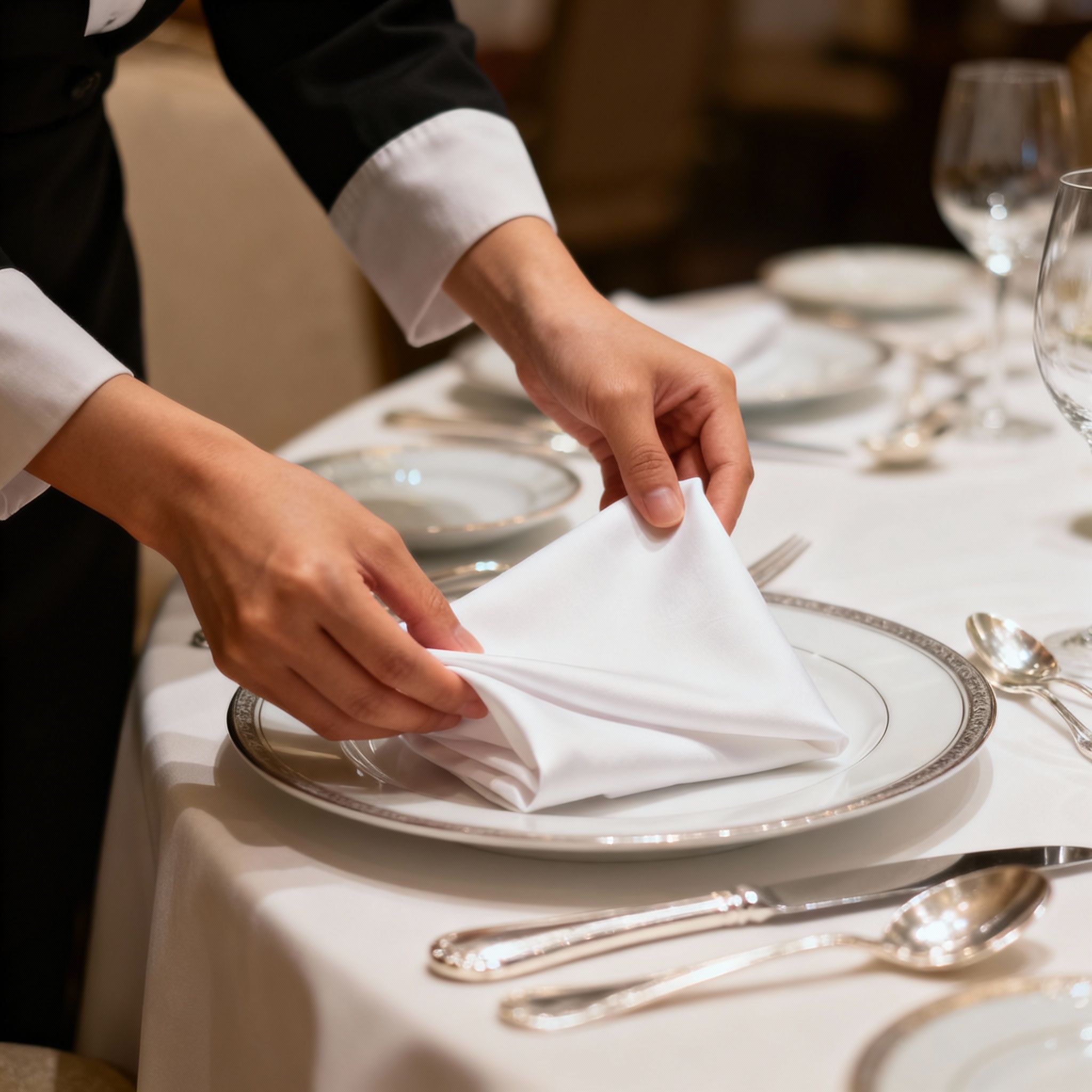 Dettaglio del servizio di una coppia domestici Filippini Roma Nord: preparazione di una tavola elegante, massima precisione.