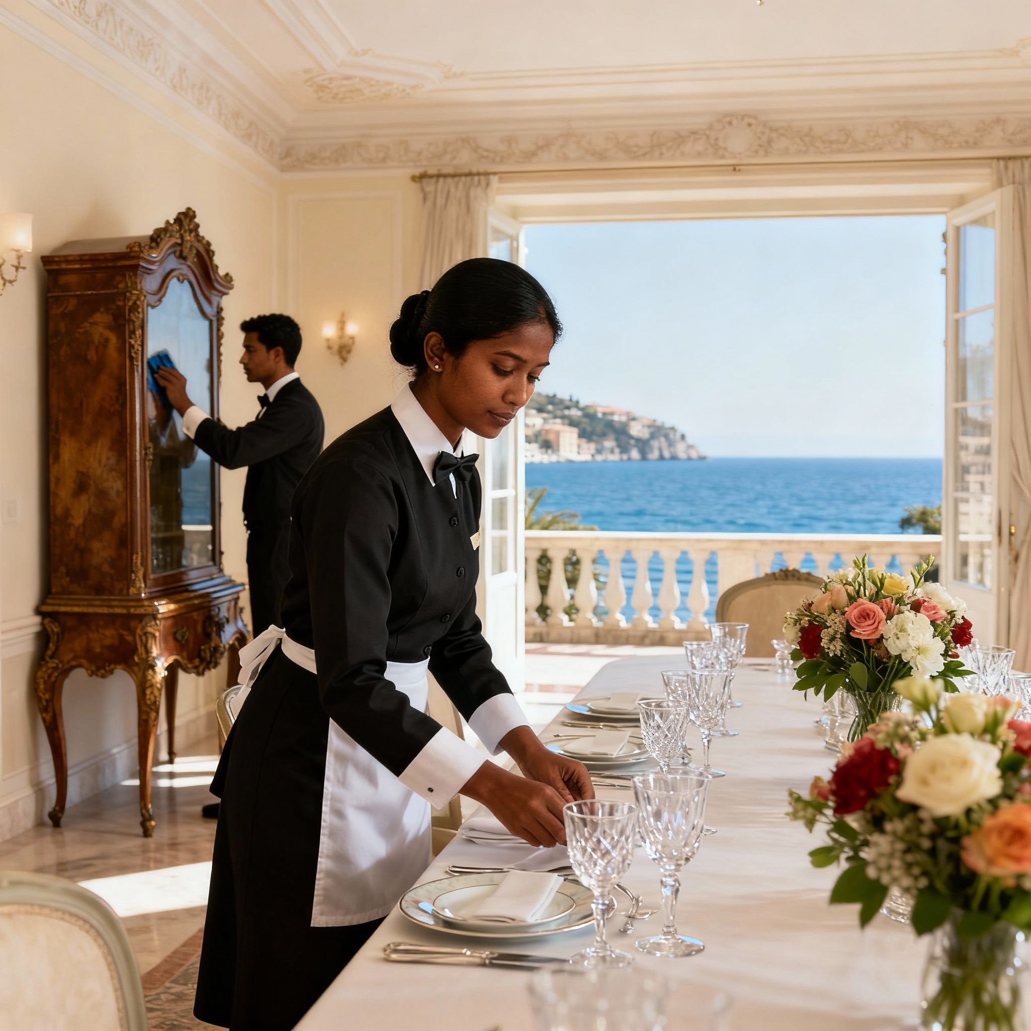 Coppia domestici Sanremo specializzata in servizi di alto livello, prepara con cura una sala da pranzo per un evento esclusivo.