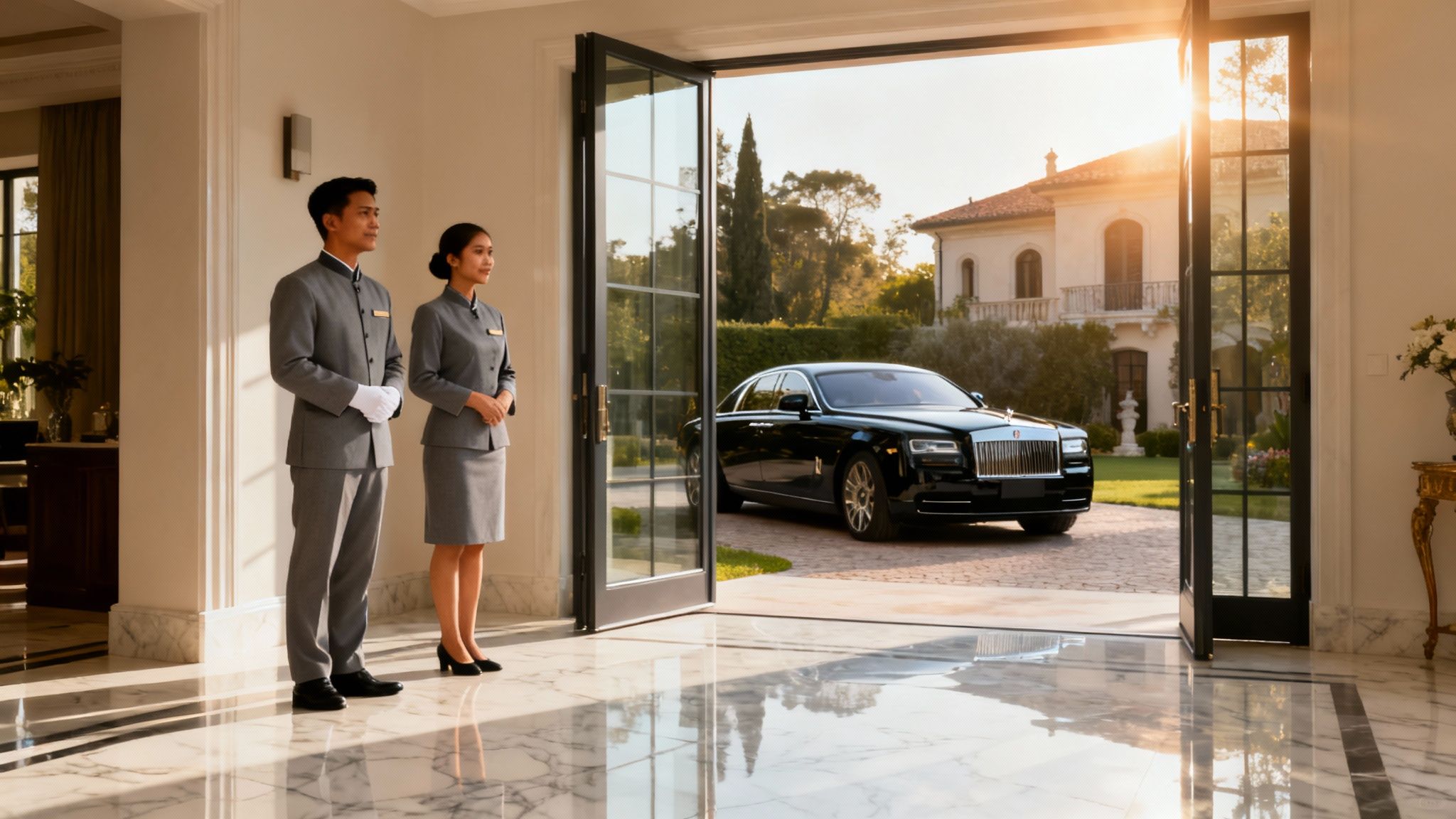 Coppia domestici con patente in uniforme elegante all'ingresso di una villa di lusso con auto, pronti al servizio.