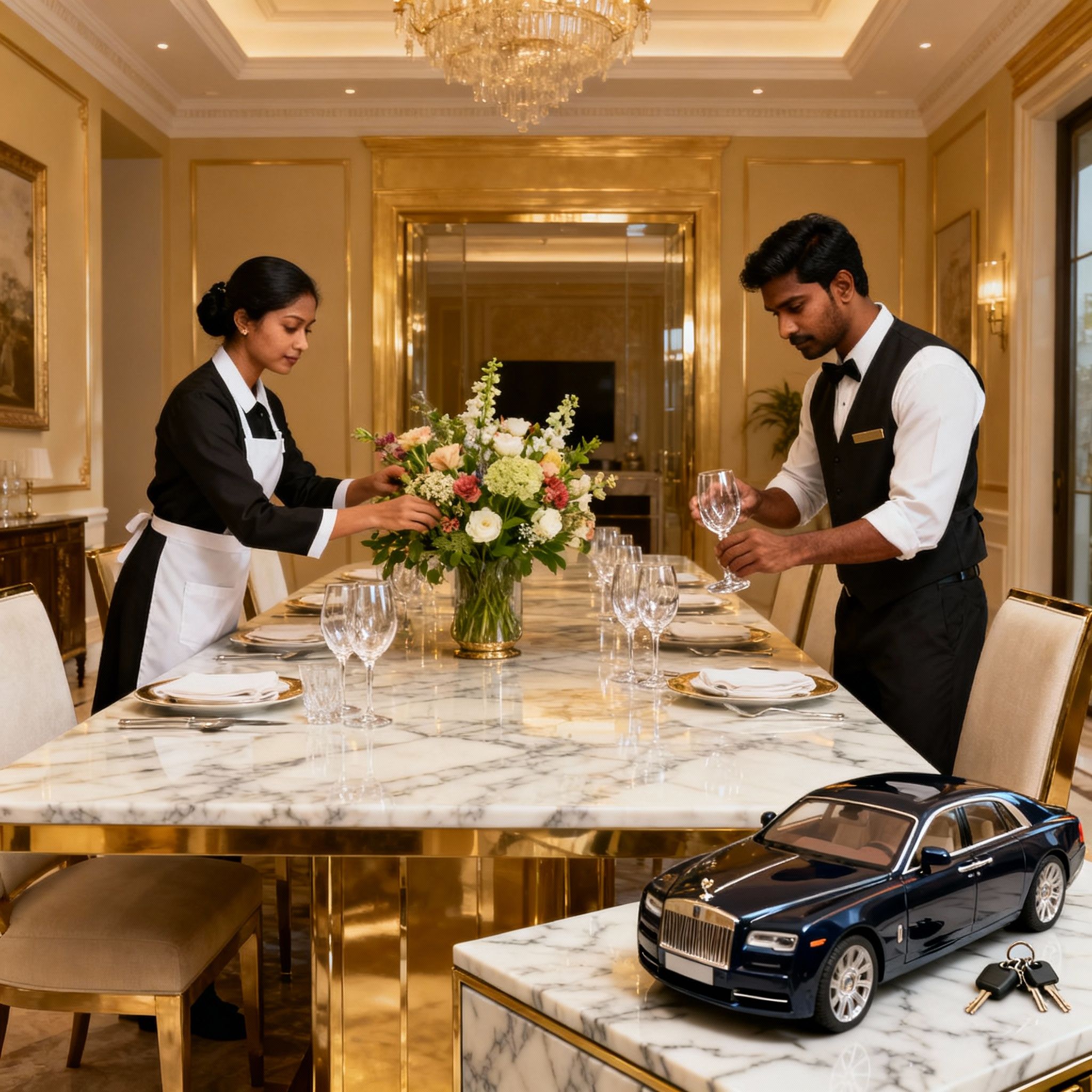Coppia domestici con patente al lavoro in una sala da pranzo di lusso, preparano la tavola con professionalità.