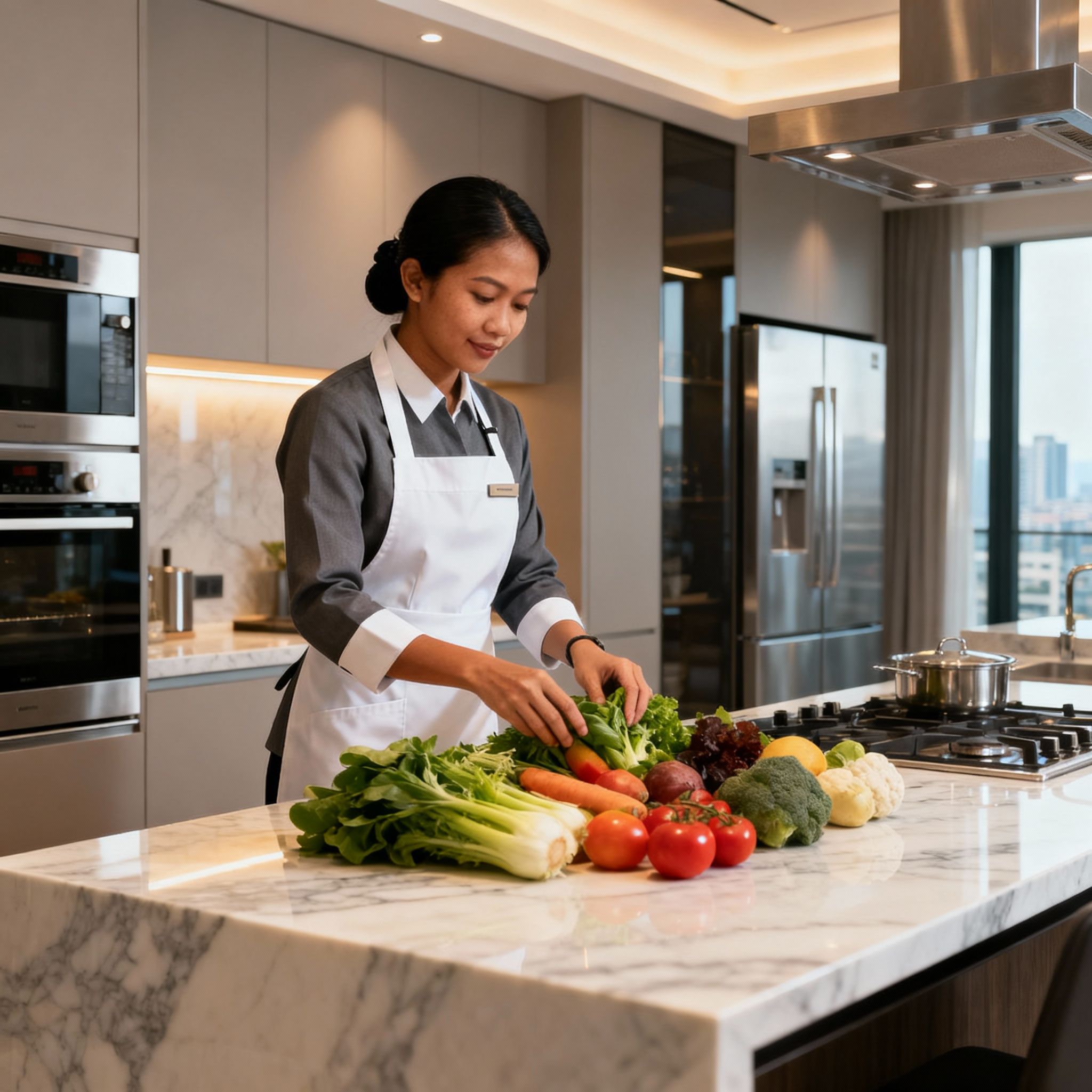 Coppia filippina Bolzano che garantisce una gestione impeccabile della cucina in un appartamento di lusso per un lifestyle esclusivo.