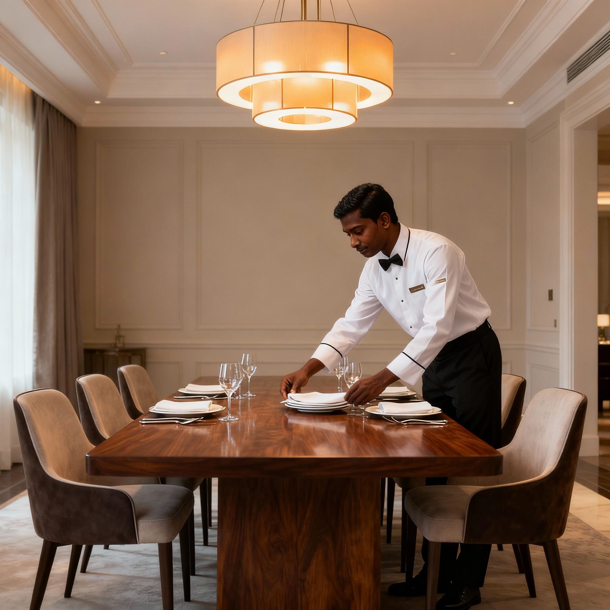 Coppia filippina per gestione casa: maggiordomo che allestisce una tavola da pranzo elegante. Servizio di lusso per eventi privati.