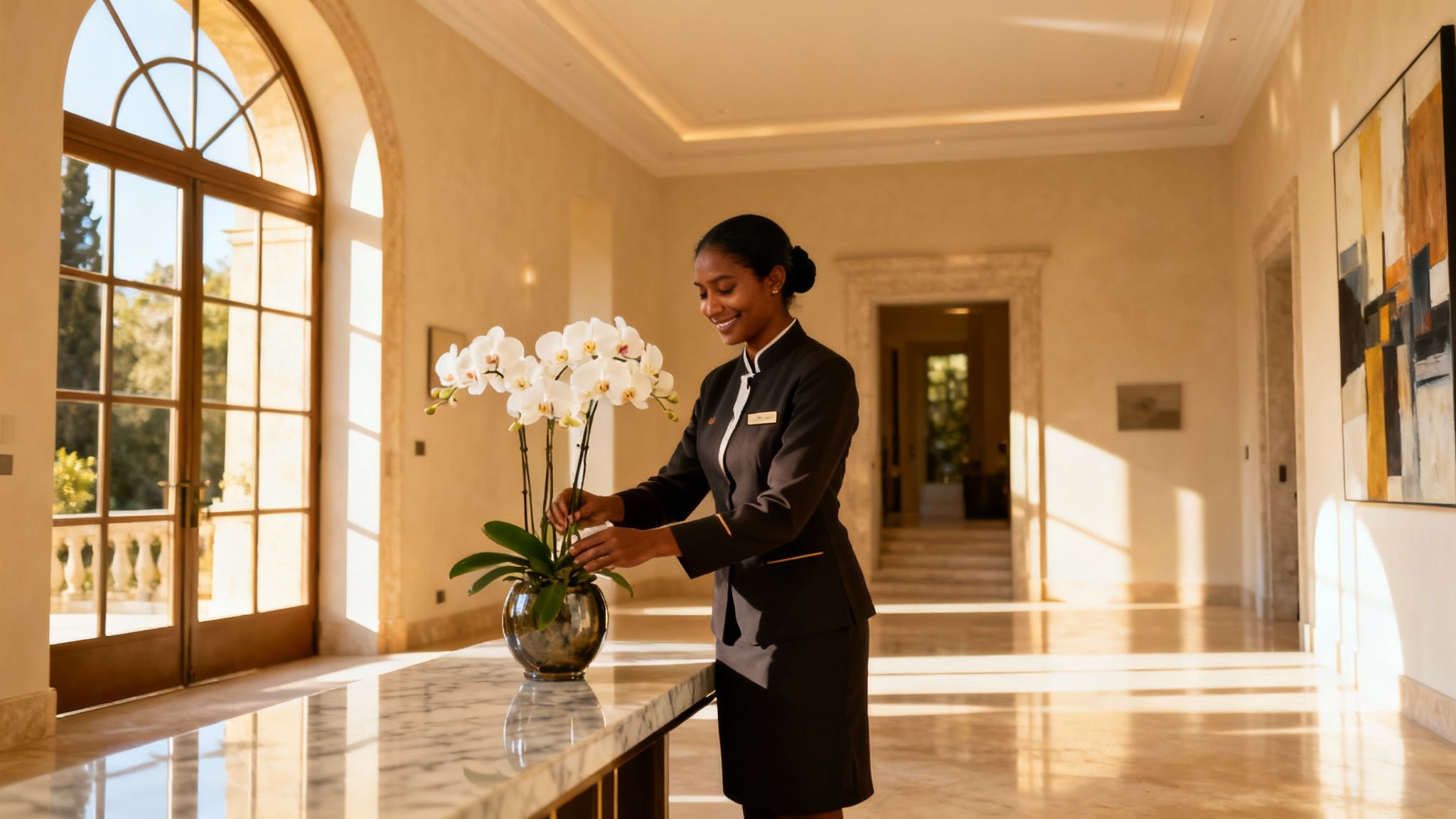 Custodi Sri Lanka referenziati: domestica professionista in una villa di lusso che sistema orchidee bianche con cura.