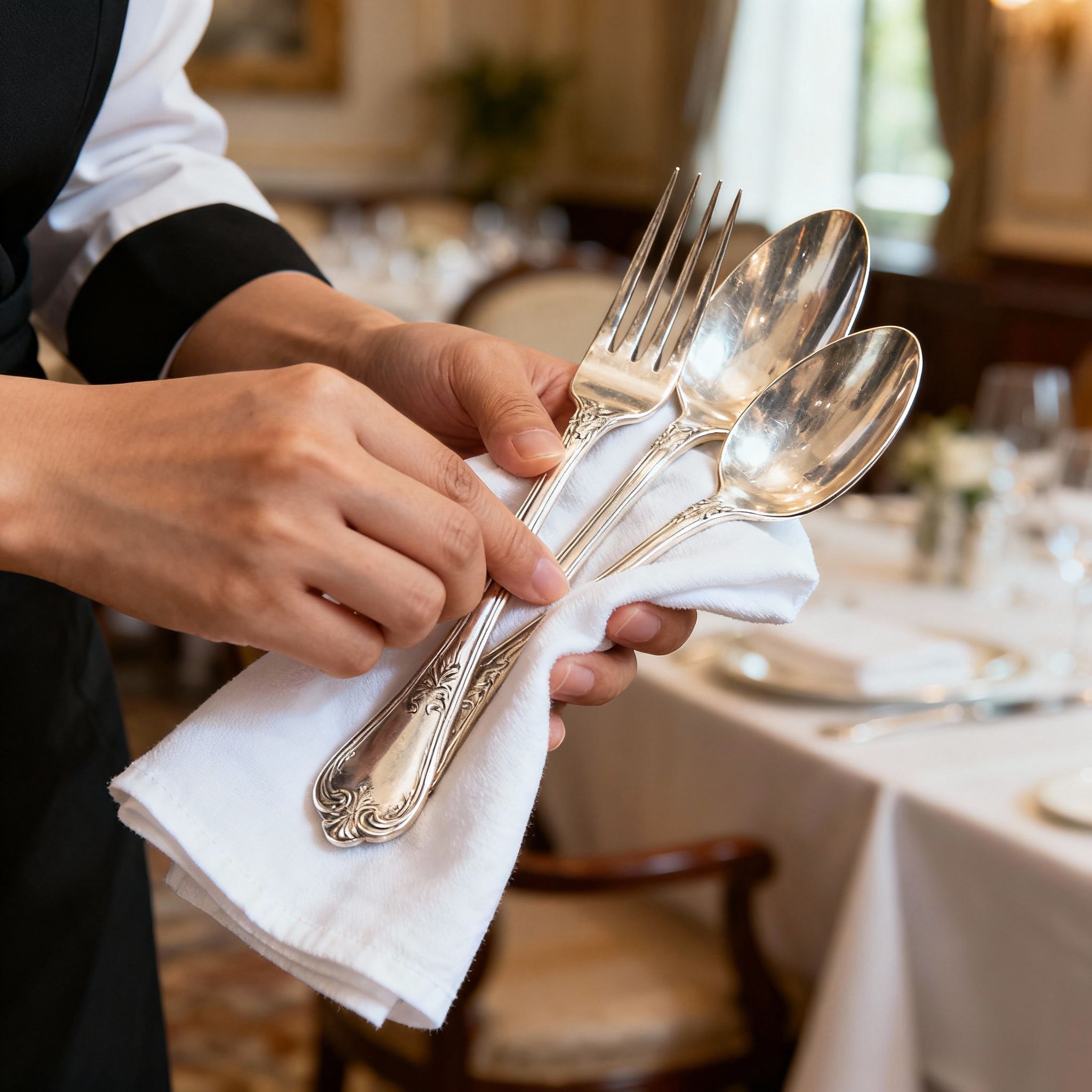Dettaglio del servizio impeccabile offerto dai Custodi Sri Lanka referenziati: mani che lucidano argenteria di lusso.