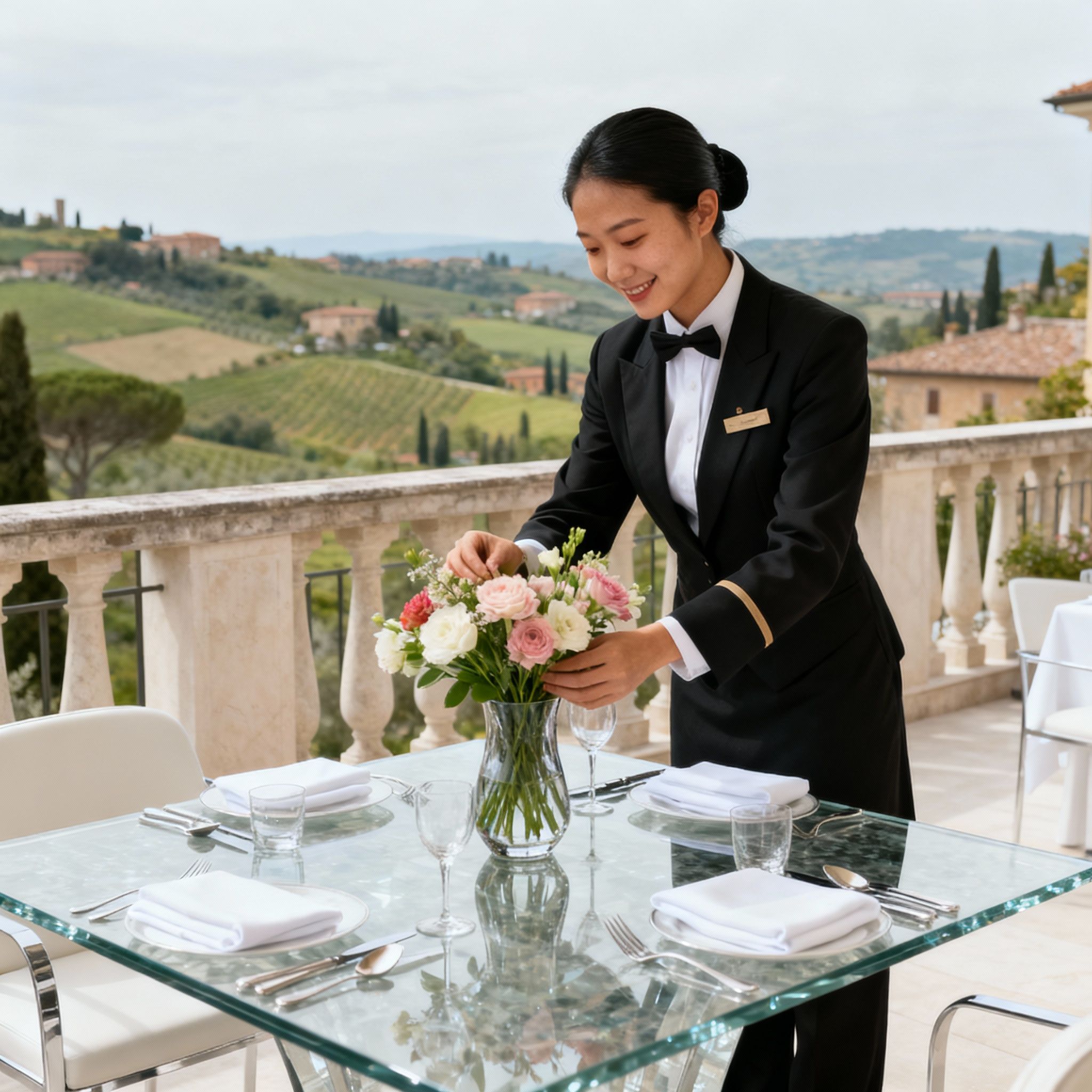 Domestici Filippini preparano un'elegante tavola, offrendo un servizio di lifestyle management di lusso.